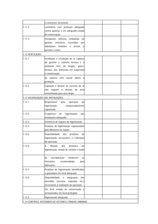 e contrastes excessivos.
1.11.2             Luminárias com proteção adequada
                   contra quebras e em adequado estado
                   de conservação.
1.11.3             Instalações      elétricas       embutidas       ou
                   quando       exteriores         revestidas       por
                   tubulações       isolantes        e     presas    a
                   paredes e tetos.
1.12 VENTILAÇÃO:
1.12.1             Ventilação e circulação de ar capazes
                   de garantir o conforto térmico e o
                   ambiente      livre       de    fungos,       gases,
                   fumaça, pós, partículas em suspensão
                   e condensação
                   de    vapores     sem          causar   danos     à
                   produção.
1.12.2             Captação e direção da corrente de ar
                   não    seguem         a       direção    da    área
                   contaminada para área limpa.
1.13 HIGIENIZAÇÃO DAS INSTALAÇÕES:
1.13.1             Responsável           pela       operação        de
                   higienização                   comprovadamente
                   capacitado.
1.13.2             Freqüência       de           higienização       das
                   instalações adequada.
1.13.3             Existência de registro da higienização.
1.13.4             Produtos de higienização regularizados
                   pelo Ministério da Saúde.
1.13.5             Disponibilidade           dos     produtos       de
                   higienização necessários à realização
                   da operação.
1.13.6             A     diluição        dos        produtos        de
                   higienização, tempo de contato e modo


                   de     uso/aplicação            obedecem          às
                   instruções         recomendadas                 pelo
                   fabricante.
1.13.7             Produtos de higienização identificados
                   e guardados em local adequado.
1.13.8             Disponibilidade           e     adequação        dos
                   utensílios    (escovas,          esponjas      etc.)
                   necessários à realização da operação.
                   Em bom estado de conservação e
                   armazenados em local protegido.
1.13.9             Higienização adequada.
1.14 CONTROLE INTEGRADO DE VETORES E PRAGAS URBANAS:
 