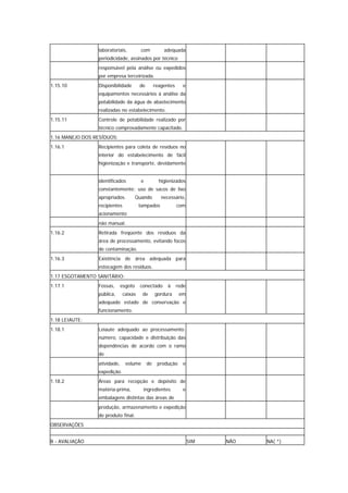 laboratoriais,          com          adequada
                 periodicidade, assinados por técnico
                 responsável pela análise ou expedidos
                 por empresa terceirizada.
1.15.10          Disponibilidade        de        reagentes     e
                 equipamentos necessários à análise da
                 potabilidade da água de abastecimento
                 realizadas no estabelecimento.
1.15.11          Controle de potabilidade realizado por
                 técnico comprovadamente capacitado.
1.16 MANEJO DOS RESÍDUOS:
1.16.1           Recipientes para coleta de resíduos no
                 interior do estabelecimento de fácil
                 higienização e transporte, devidamente


                 identificados           e          higienizados
                 constantemente; uso de sacos de lixo
                 apropriados.          Quando        necessário,
                 recipientes            tampados              com
                 acionamento
                 não manual.
1.16.2           Retirada freqüente dos resíduos da
                 área de processamento, evitando focos
                 de contaminação.
1.16.3           Existência de área adequada para
                 estocagem dos resíduos.
1.17 ESGOTAMENTO SANITÁRIO:
1.17.1           Fossas,      esgoto    conectado       à     rede
                 pública,      caixas    de       gordura      em
                 adequado estado de conservação e
                 funcionamento.
1.18 LEIAUTE:
1.18.1           Leiaute adequado ao processamento:
                 número, capacidade e distribuição das
                 dependências de acordo com o ramo
                 de
                 atividade,     volume       de    produção     e
                 expedição.
1.18.2           Áreas para recepção e depósito de
                 matéria-prima,          ingredientes           e
                 embalagens distintas das áreas de
                 produção, armazenamento e expedição
                 de produto final.
OBSERVAÇÕES


B - AVALIAÇÃO                                                        SIM   NÃO   NA( *)
 