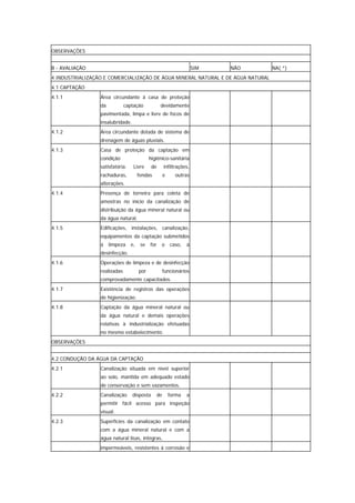 OBSERVAÇÕES


B - AVALIAÇÃO                                                       SIM   NÃO    NA( *)
4 INDUSTRIALIZAÇÃO E COMERCIALIZAÇÃO DE ÁGUA MINERAL NATURAL E DE ÁGUA NATURAL
4.1 CAPTAÇÃO
4.1.1            Área circundante à casa de proteção
                 da           captação            devidamente
                 pavimentada, limpa e livre de focos de
                 insalubridade.
4.1.2            Área circundante dotada de sistema de
                 drenagem de águas pluviais.
4.1.3            Casa de proteção da captação em
                 condição                   higiênico-sanitária
                 satisfatória.    Livre      de     infiltrações,
                 rachaduras,          fendas        e     outras
                 alterações.
4.1.4            Presença de torneira para coleta de
                 amostras no início da canalização de
                 distribuição da água mineral natural ou
                 da água natural.
4.1.5            Edificações, instalações, canalização,
                 equipamentos da captação submetidos
                 à    limpeza    e,    se   for   o     caso,   à
                 desinfecção.
4.1.6            Operações de limpeza e de desinfecção
                 realizadas           por           funcionários
                 comprovadamente capacitados.
4.1.7            Existência de registros das operações
                 de higienização.
4.1.8            Captação da água mineral natural ou
                 da água natural e demais operações
                 relativas à industrialização efetuadas
                 no mesmo estabelecimento.
OBSERVAÇÕES


4.2 CONDUÇÃO DA ÁGUA DA CAPTAÇÃO
4.2.1            Canalização situada em nível superior
                 ao solo, mantida em adequado estado
                 de conservação e sem vazamentos.
4.2.2            Canalização      disposta     de       forma   a
                 permitir fácil acesso para inspeção
                 visual.
4.2.3            Superfícies da canalização em contato
                 com a água mineral natural e com a
                 água natural lisas, íntegras,
                 impermeáveis, resistentes à corrosão e
 