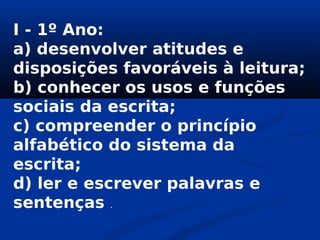 I - 1º Ano:
a) desenvolver atitudes e
disposições favoráveis à leitura;
b) conhecer os usos e funções
sociais da escrita;
c) compreender o princípio
alfabético do sistema da
escrita;
d) ler e escrever palavras e
sentenças .
 
