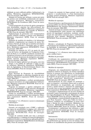 Diário da República, 1.a série — N.o 183 — 21 de Setembro de 2006                                                       6959

sibilidade no meio edificado público, habitacional e via              Criação da comissão de língua gestual, com vista a
pública. Ministérios responsáveis: MTSS/MAOTDR.                     promover o reconhecimento e o bom funcionamento
Prazo de execução: 2006-2007;                                       da língua gestual portuguesa. Ministério responsável:
   Adopção de normas que definam o acesso por parte                 MTSS. Prazo de execução: 2007;
das pessoas com mobilidade condicionada aos espaços
e recintos desportivos. Ministérios responsáveis:                     Medidas de reparação:
MTSS/Ministro da Presidência (MP). Prazo de execu-
ção: 2006;                                                             Desenvolvimento e aperfeiçoamento da língua gestual
   Criação progressiva de serviços de apoio a passageiros           no serviço público de televisão. Ministérios responsáveis:
com necessidades especiais nas infra-estruturas dos                 MTSS/Ministério dos Assuntos Parlamentares (MAP).
meios de transporte públicos. Ministérios responsáveis:             Prazo de execução: 2006-2009;
MTSS/MOPTC/Presidência do Conselho de Ministros                        Aumento do leque de emissões televisivas susceptíveis
(PCM). Prazo de execução: 2006-2009;                                de acompanhamento pelas pessoas com deficiências
   Implementação de protocolos com transportadoras                  através da legendagem automática, mediante sensibi-
visando reduções tarifárias a pessoas com deficiência.              lização dos operadores nacionais para a celebração de
Ministério responsável: MTSS. Prazo de execução                     protocolos neste domínio. Ministérios responsáveis:
2006-2009;                                                          MTSS/MAP. Prazo de execução: 2007-2009;
   Definição de modelos de sinalética e de informação
e bilhética a implementar nas estações de metro, fer-                 Instrumentos:
roviárias e fluviais, de modo que se constitua um sistema              Revisão e actualização do Programa Nacional para
de informação unificado e orientador para os utiliza-               a Participação dos Cidadãos com Necessidades Especiais
dores. Ministérios responsáveis: MTSS/MOPTC. Prazo                  na Sociedade da Informação. Ministério responsável:
de execução: 2006-2007;                                             MCTES. Prazo de execução: 2007.
   Promoção do aumento de 14 % na quota de auto-
carros da Carris e da Sociedade de Transportes Colec-                 Estratégia n.o 1.3, «Promover mais cultura mais des-
tivos do Porto, S. A. (STCP), totalmente acessíveis nos             porto e melhor lazer»:
transportes terrestres e da sua afectação a carreiras espe-
cíficas em função da procura de passageiros com neces-                Medidas de prevenção:
sidades especiais. Ministério responsável: MOPTC.                     Certificação dos equipamentos turísticos acessíveis
Prazo de execução: 2006-2009;                                       como forma de promover a sua qualificação. Ministérios
   Revisão do regime aplicável aos cães-guias, com vista            responsáveis: MTSS/Ministério da Economia e da Ino-
a alargar o seu âmbito de aplicação a todos os cães                 vação (MEI). Prazo de execução: 2007-2009;
de assistência. Ministérios responsáveis: MTSS/Minis-
tério da Agricultura, do Desenvolvimento Rural e das                  Medidas de reparação:
Pescas (MADRP). Prazo de execução: 2006;
                                                                       Integração, nos enquadramentos legislativos e pro-
   Instrumentos:                                                    gramáticos relativos ao desporto, de normas específicas
   Plano Nacional de Promoção da Acessibilidade                     relativas às pessoas com deficiências ou incapacidade
(PNPA) contemplando os diferentes domínios da aces-                 que impeçam a discriminação, quer no acesso à prática
sibilidade. Ministério responsável: MTSS. Prazo de exe-             do desporto em geral quer no que respeita ao desporto
cução: 2006-2011;                                                   de alta competição. Ministérios responsáveis:
   Prémio de acessibilidade a atribuir periodicamente               MTSS/MP. Prazo de execução: 2007-2009;
a projectos inovadores em empreendimentos habitacio-                   Desenvolvimento de novo modelo de promoção e
nais. Ministério responsável: MAOTDR. Prazo de exe-                 apoio ao desporto e actividades físicas para as pessoas
cução: 2007-2009;                                                   com deficiências ou incapacidade, que contemple o
   Programa de formação a agentes autárquicos em                    recurso a ajudas técnicas e materiais de compensação,
matéria de acessibilidade e design universal, abrangendo            de acordo com as suas necessidades específicas. Minis-
no mínimo 80 municípios. Ministérios responsáveis:                  térios responsáveis: MTSS/MP. Prazo de execução: 2007;
MTSS/MAOTDR. Prazo de execução: 2006-2009;                             Concepção e implementação de um novo modelo de
   Prémio de acessibilidade a atribuir periodicamente               promoção e apoio à preparação e participação de atletas
a projectos inovadores no âmbito dos transportes. Minis-            nos Jogos Paralímpicos de Pequim. Ministérios respon-
tério responsável: MOPTC. Prazo de execução:                        sáveis: MTSS/MP. Prazo de execução: 2006-2008;
2007-2009.                                                             Consolidação e desenvolvimento progressivo do Pro-
                                                                    jecto Praia Acessível — Praia para Todos de forma a
   Estratégia n.o 1.2, «Promover o acesso à comunicação             promover condições de acessibilidade às praias marí-
e à informação»:                                                    timas e fluviais de todo o território. Ministérios res-
  Medidas de prevenção:                                             ponsáveis: MTSS/MAOTDR/Ministério da Defesa
                                                                    Nacional (MDN)/MEI. Prazo de execução: 2006-2009;
   Garantir, em articulação com a UMIC, a aplicação                    Levantamento e publicitação das estruturas e equi-
das regras da acessibilidade às páginas web, sobretudo              pamentos da área do turismo que são acessíveis. Minis-
nos portais da Administração Pública. Ministérios res-              térios responsáveis: MTSS/MEI. Prazo de execução:
ponsáveis: MTSS/MCTES. Prazo de execução:                           2006-2007;
2006-2009;
   Criação de comissão braille com vista a promover                   Instrumentos:
o reconhecimento e a validação do material signográfico
codificável (braille) e as suas diversas aplicações gráficas.          Programa de formação para promover a qualificação
Ministérios responsáveis: MTSS/Ministério da Educação               dos profissionais que operam na área do turismo, habi-
(ME). Prazo de execução: 2007;                                      litando-os ao atendimento das pessoas com deficiências
 