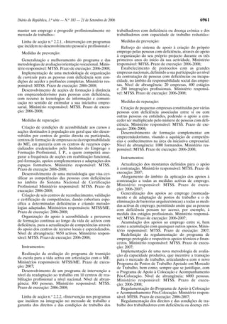 Diário da República, 1.a série — N.o 183 — 21 de Setembro de 2006                                                      6961

manter um emprego e progredir profissionalmente no                  trabalhadores com deficiência ou doença crónica e dos
mercado de trabalho»:                                               trabalhadores com capacidade de trabalho reduzida»:
  Linha de acção n.o 2.2.1, «Intervenção em programas                 Medidas de prevenção:
que incidem no desenvolvimento pessoal e profissional»:                Reforço do sistema de apoio à criação do próprio
  Medidas de prevenção:                                             emprego pelas pessoas com deficiência, através do apoio
                                                                    à organização do seu próprio projecto durante os três
   Generalização e melhoramento do programa e das                   primeiros anos do início da sua actividade. Ministério
metodologias de avaliação/orientação vocacional. Minis-             responsável: MTSS. Prazo de execução: 2006-2008;
tério responsável: MTSS. Prazo de execução: 2006-2008;                 Estabelecimento de protocolos com as grandes
   Implementação de uma metodologia de organização                  empresas nacionais, definindo a sua participação ao nível
de curricula para as pessoas com deficiência sem con-               da contratação de pessoas com deficiências ou incapa-
dições de aceder a profissões completas. Ministério res-            cidade, no âmbito da responsabilidade social das empre-
ponsável: MTSS. Prazo de execução: 2006-2008;                       sas. Nível de abrangência: 20 empresas, 400 estágios
   Desenvolvimento de acções de formação à distância                e 200 integrações profissionais. Ministério responsá-
em empreendedorismo para pessoas com deficiência,                   vel: MTSS. Prazo de execução: 2006-2008;
com recurso às tecnologias de informação e comuni-
cação no sentido de estimular a sua iniciativa empre-                 Medidas de reparação:
sarial. Ministério responsável: MTSS. Prazo de execu-                  Criação de pequenas empresas constituídas por várias
ção: 2006-2008;                                                     pessoas com deficiência associadas entre si ou com
                                                                    outras pessoas ou entidades, podendo o apoio a con-
  Medidas de reparação:                                             ceder ser multiplicado pelo número de pessoas com defi-
                                                                    ciência. Ministério responsável: MTSS. Prazo de exe-
   Criação de condições de acessibilidade aos cursos e              cução: 2006-2008;
acções destinados à população em geral que são desen-                  Desenvolvimento de formação complementar em
volvidos por centros de gestão directa ou participada,              empreendedorismo, visando a aquisição de competên-
centros de formação de empresas ou da responsabilidade              cias e conhecimentos na área da iniciativa empresarial.
do ME, em parceria com os centros de recursos espe-                 Nível de abrangência: 1000 formandos. Ministério res-
cializados credenciados pelo Instituto do Emprego e                 ponsável: MTSS. Prazo de execução: 2006-2008;
Formação Profissional, I. P., a quem competirá asse-
gurar a frequência de acções em reabilitação funcional,               Instrumentos:
pré-formação, apoios complementares e adaptações dos
espaços formativos. Ministério responsável: MTSS.                      Actualização dos montantes definidos para o apoio
Prazo de execução 2006-2008;                                        à contratação. Ministério responsável: MTSS. Prazo de
   Desenvolvimento de uma metodologia que visa cer-                 execução: 2007;
tificar as competências das pessoas com deficiências                   Alargamento do âmbito da aplicação dos apoios à
no âmbito do Sistema Nacional de Certificação                       contratação a todas as medidas activas de emprego.
Profissional Ministério responsável: MTSS. Prazo de                 Ministério responsável: MTSS. Prazo de execu-
execução: 2006-2008;                                                ção: 2006-2007;
                                                                       Generalização dos apoios ao emprego (nomeada-
   Criação de seis centros de reconhecimento, validação
                                                                    mente o de adaptação de postos de trabalho e o de
e certificação de competências, dando cobertura espe-
                                                                    eliminação de barreiras arquitectónicas) a todas as medi-
cífica a determinadas deficiências e criando metodo-
                                                                    das activas de emprego, permitindo assim que as pessoas
logias adaptadas. Ministérios responsáveis: MTSS/ME.
                                                                    com deficiência possam ter acesso, por exemplo, à
Prazo de execução: 2006-2008;                                       medida dos estágios profissionais. Ministério responsá-
   Organização do apoio à acessibilidade a percursos                vel: MTSS. Prazo de execução: 2006-2007;
de formação contínua ao longo da vida de activos com                   Acumulação dos apoios ao emprego entre si, bem
deficiência, para a actualização de competências através            como a acumulação com quaisquer outros apoios. Minis-
do apoio dos centros de recurso locais e especializados.            tério responsável: MTSS. Prazo de execução: 2007;
Nível de abrangência: 9650 activos. Ministério respon-                 Redefinição da regulamentação do programa de
sável: MTSS. Prazo de execução: 2006-2008;                          emprego protegido e respectivos apoios técnicos e finan-
                                                                    ceiros. Ministério responsável: MTSS. Prazo de execu-
  Instrumentos:                                                     ção: 2007;
                                                                       Implementação de uma nova metodologia de avalia-
   Realização da avaliação do programa de transição                 ção da capacidade produtiva, que incentive a transição
da escola para a vida activa em articulação com o ME.               para o mercado de trabalho, articulando-a com o novo
Ministérios responsáveis: MTSS/ME. Prazo de execu-                  Programa de Postos de Trabalho Apoiado em Mercado
ção: 2007;                                                          de Trabalho, bem como, sempre que se justifique, com
   Desenvolvimento de um programa de intervenção a                  o Programa de Apoio à Colocação e Acompanhamento
nível da readaptação ao trabalho em 10 centros de rea-              Pós-Colocação. Nível de abrangência: 6000 pessoas.
bilitação profissional a nível nacional. Nível de abran-            Ministério responsável: MTSS. Prazo de execu-
gência: 800 pessoas. Ministério responsável: MTSS.                  ção: 2006-2008;
Prazo de execução: 2006-2008;                                          Regulamentação do Programa de Apoio à Colocação
                                                                    e Acompanhamento Pós-Colocação. Ministério respon-
  Linha de acção n.o 2.2.2, «Intervenção nos programas              sável: MTSS. Prazo de execução: 2006-2007;
que incidem na integração no mercado de trabalho e                     Regulamentação dos direitos e das condições de tra-
garantia dos direitos e das condições de trabalho dos               balho dos trabalhadores com deficiência ou doença cró-
 