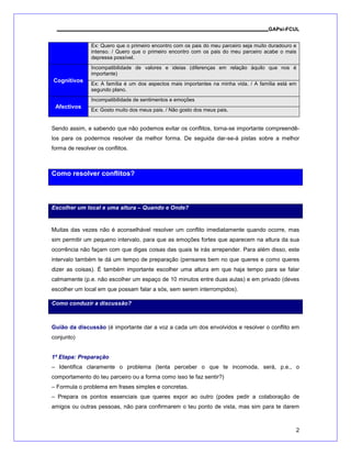 GAPsi-FCUL


                Ex: Quero que o primeiro encontro com os pais do meu parceiro seja muito duradouro e
                intenso. / Quero que o primeiro encontro com os pais do meu parceiro acabe o mais
                depressa possível.
                Incompatibilidade de valores e ideias (diferenças em relação àquilo que nos é
                importante)
Cognitivos
                Ex: A família é um dos aspectos mais importantes na minha vida. / A família está em
                segundo plano.
                Incompatibilidade de sentimentos e emoções
 Afectivos
                Ex: Gosto muito dos meus pais. / Não gosto dos meus pais.


Sendo assim, e sabendo que não podemos evitar os conflitos, torna-se importante compreendê-
los para os podermos resolver da melhor forma. De seguida dar-se-á pistas sobre a melhor
forma de resolver os conflitos.



Como resolver conflitos?



Escolher um local e uma altura – Quando e Onde?


Muitas das vezes não é aconselhável resolver um conflito imediatamente quando ocorre, mas
sim permitir um pequeno intervalo, para que as emoções fortes que aparecem na altura da sua
ocorrência não façam com que digas coisas das quais te irás arrepender. Para além disso, este
intervalo também te dá um tempo de preparação (pensares bem no que queres e como queres
dizer as coisas). É também importante escolher uma altura em que haja tempo para se falar
calmamente (p.e. não escolher um espaço de 10 minutos entre duas aulas) e em privado (deves
escolher um local em que possam falar a sós, sem serem interrompidos).

Como conduzir a discussão?



Guião da discussão (é importante dar a voz a cada um dos envolvidos e resolver o conflito em
conjunto)


1ª Etapa: Preparação
– Identifica claramente o problema (tenta perceber o que te incomoda, será, p.e., o
comportamento do teu parceiro ou a forma como isso te faz sentir?)
– Formula o problema em frases simples e concretas.
– Prepara os pontos essenciais que queres expor ao outro (podes pedir a colaboração de
amigos ou outras pessoas, não para confirmarem o teu ponto de vista, mas sim para te darem



                                                                                                   2
 