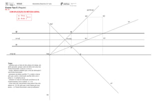x 0
Exame Tipo E (Regular)
Ex. 1)
s1 s2 P1 P2
Ha1
Ha2
a1
hb fb
hq
K1'
K2'
a2 fq b2
K1
K2
b1
I2
a q a
b q b }I i
Notas:
- sabemos que se trata de dois planos de rampa, um
deles passante, porque cada um deles tem uma reta
fronto-horizontal: a reta a e o eixo x;
- assim, sabemos também que a reta de interseção i
será fronto-horizontal;
- passamos um plano auxiliar q a conter a reta a,
pois que, assim, a interseção auxiliar dele com o
plano a é a própria reta a;
- achamos as retas de interseção auxiliares a e b,
respetivamente com os planos a e b;
- essas retas são concorrentes num ponto I dos três
planos (a , b e q), pelo que a reta i passa por esse
ponto... e é fronto-horizontal, como já sabíamos!
i2
I1
i1
COM APLICAÇÃO DO MÉTODO GERAL
 
