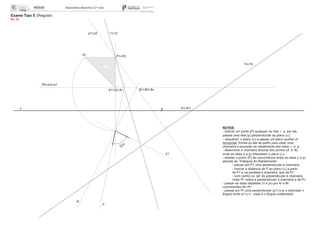x 0
Exame Tipo E (Regular)
Ex. 2)
K1 K1
P1 P2
r1 r2
ha fa
aº
p1 p2
A1 A2 Ar B1 B2 Br
pr
rr
Pr’
TR
(fq) e2 e1
p’r
NOTAS:
- marcar um ponto (P) qualquer na reta r e, por ele,
passar uma reta (p) perpendicular ao plano (a);
- ‘esquecer’ o plano (a) e passar um plano auxiliar (q
horizontal, frontal ou até de perﬁl) para obter uma
charneira e proceder ao rebatimento das retas r e p;
- determinar a charneira através dos pontos (A e B)
onde as retas (r e p) intersetam o plano (a);
- rebater o ponto (P) de concorrência entre as retas (r e p)
através do ‘Triângulo do Rebatimento’:
- passar por P1 uma perpendicular à charneira;
- marcar a distância de P ao plano (a) a partir
de P1 e na paralela à charneira, que dá Pr’;
- com centro no ‘pé’ da perpendicular à charneira,
rodar Pr’ sobre a perpendicular à charneira e dá Pr.
- passar as retas rebatidas (rr e pr) por Ar e Br
concorrentes em Pr;
- passar por Pr uma perpendicular (p’r) a pr e assinalar o
ângulo entre p’r e rr - esse é o ângulo pretendido!
 