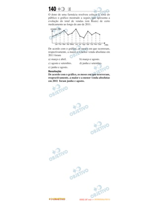 140             E
O dono de uma farmácia resolveu colocar à vista do
público o gráfico mostrado a seguir, que apresenta a
evolução do total de vendas (em Reais) de certo
medicamento ao longo do ano de 2011.




De acordo com o gráfico, os meses em que ocorreram,
respectivamente, a maior e a menor venda absolutas em
2011 foram
a) março e abril.           b) março e agosto.
c) agosto e setembro.       d) junho e setembro.
e) junho e agosto.
Resolução
De acordo com o gráfico, os meses em que ocorreram,
respesctivamente, a maior e a menor venda absolutas
em 2011 foram junho e agosto.




                                 O
                          ENEM (2.   DIA)   — NOVEMBRO/2012
 