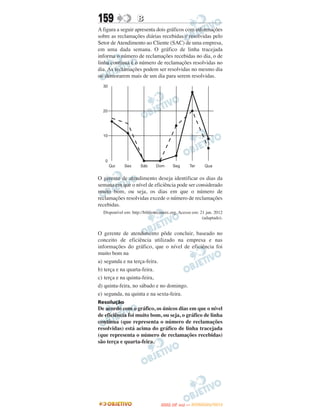 159                 B
A figura a seguir apresenta dois gráficos com informações
sobre as reclamações diárias recebidas e resolvidas pelo
Setor de Atendimento ao Cliente (SAC) de uma empresa,
em uma dada semana. O gráfico de linha tracejada
informa o número de reclamações recebidas no dia, o de
linha contínua é o número de reclamações resolvidas no
dia. As reclamações podem ser resolvidas no mesmo dia
ou demorarem mais de um dia para serem resolvidas.




O gerente de atendimento deseja identificar os dias da
semana em que o nível de eficiência pode ser considerado
muito bom, ou seja, os dias em que o número de
reclamações resolvidas excede o número de reclamações
recebidas.
  Disponível em: http://bibliotecaunix.org. Acesso em: 21 jan. 2012
                                                        (adaptado).


O gerente de atendimento pôde concluir, baseado no
conceito de eficiência utilizado na empresa e nas
informações do gráfico, que o nível de eficiência foi
muito bom na
a) segunda e na terça-feira.
b) terça e na quarta-feira.
c) terça e na quinta-feira,
d) quinta-feira, no sábado e no domingo.
e) segunda, na quinta e na sexta-feira.
Resolução
De acordo com o gráfico, os únicos dias em que o nível
de eficiência foi muito bom, ou seja, o gráfico de linha
contínua (que representa o número de reclamações
resolvidas) está acima do gráfico de linha tracejada
(que representa o número de reclamações recebidas)
são terça e quarta-feira.




                                        O
                                 ENEM (2.   DIA)   — NOVEMBRO/2012
 