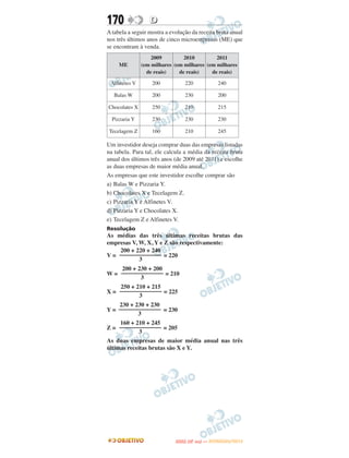 170               D
A tabela a seguir mostra a evolução da receita bruta anual
nos três últimos anos de cinco microempresas (ME) que
se encontram à venda.
                   2009         2010         2011
     ME        (em milhares (em milhares (em milhares
                 de reais)    de reais)    de reais)

 Alfinetes V       200           220                240

   Balas W         200           230                200

Chocolates X       250           210                215

  Pizzaria Y       230           230                230

 Tecelagem Z       160           210                245

Um investidor deseja comprar duas das empresas listadas
na tabela. Para tal, ele calcula a média da receita bruta
anual dos últimos três anos (de 2009 até 2011) e escolhe
as duas empresas de maior média anual.
As empresas que este investidor escolhe comprar são
a) Balas W e Pizzaria Y.
b) Chocolates X e Tecelagem Z.
c) Pizzaria Y e Alfinetes V.
d) Pizzaria Y e Chocolates X.
e) Tecelagem Z e Alfinetes V.
Resolução
As médias das três últimas receitas brutas das
empresas V, W, X, Y e Z são respectivamente:
    200 + 220 + 240
V = –––––––––––––– = 220
            3
    200 + 230 + 200
W = –––––––––––––– = 210
           3
    250 + 210 + 215
X = –––––––––––––– = 225
           3
    230 + 230 + 230
Y = –––––––––––––– = 230
           3
    160 + 210 + 245
Z = –––––––––––––– = 205
           3
As duas empresas de maior média anual nas três
últimas receitas brutas são X e Y.




                                    O
                             ENEM (2.   DIA)   — NOVEMBRO/2012
 
