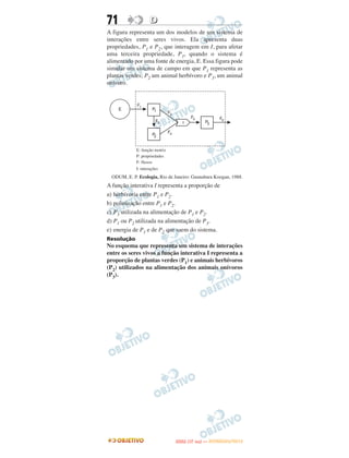 71                  D
A figura representa um dos modelos de um sistema de
interações entre seres vivos. Ela apresenta duas
propriedades, P1 e P2, que interagem em I, para afetar
uma terceira propriedade, P3, quando o sistema é
alimentado por uma fonte de energia, E. Essa figura pode
simular um sistema de campo em que P1 representa as
plantas verdes; P2 um animal herbívoro e P3, um animal
onívoro.




             E: função motriz
             P: propriedades
             F: fluxos
             I: interações
  ODUM, E. P. Ecologia, Rio de Janeiro: Guanabara Koogan, 1988.
A função interativa I representa a proporção de
a) herbívoria entre P1 e P2.
b) polinização entre P1 e P2.
c) P3 utilizada na alimentação de P1 e P2.
d) P1 ou P2 utilizada na alimentação de P3.
e) energia de P1 e de P2 que saem do sistema.
Resolução
No esquema que representa um sistema de interações
entre os seres vivos a função interativa I representa a
proporção de plantas verdes (P1) e animais herbívoros
(P2) utilizados na alimentação dos animais onívoros
(P3).




                                       O
                                ENEM (1.   DIA)   — NOVEMBRO/2012
 