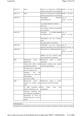 Legislação                                                                                                       Página 110 de 191



        2939.91.19        Outros                                 Isômeros da matéria-prima COCAÍNA, Adendo 1.1 da Lista -
                                                                 desde que seja possível a sua existência F1
        2939.91.19        Outros                                 Isômeros da matéria-prima ECGONINA, Adendo 1.1 da Lista -
                                                                 desde que seja possível a sua existência F1
        2933.99.19                                               PSILOCIBINA                       [FOSFATO Lista - F2
                                                                 DIIDROGENADO DE                                Adendo 1.1 da Lista -
                                                                                                                F2

                                                                 3-[2-(DIMETILAMINOETIL)]INDOL-4-
                                                                 ILO] e seus
                                                                 sais e isômeros, desde que seja possível
                                                                 a sua existência
        2933.99.19                                               PSILOCINA          [3-[2-(DIMETILAMINO) Lista - F2
                                                                 ETIL]INDOL-4-OL ou                             Adendo 1.1 da Lista -
                                                                                                                F2
                                                                 PSILOTSINA] e seus sais e isômeros,
                                                                 desde
                                                                 que seja possível a sua existência
        2939.99.90                                               ESTRICNINA e seus sais e isômeros, Lista - F4
                                                                 desde que seja possível a sua existência Adendo 1) da Lista - F4
        2939.99.90                                               MESCALINA [3,4,5-TRIMETOXIFENETIL Lista - F2
                                                                                                                Adendo 1.1 da Lista -
                                                                                                                F2
                                                                 AMINA] e seus sais e isômeros, desde
                                                                 que seja possível a sua existência
        3003              Medicamentos        (exceto       os Medicamentos         sujeitos   à     controle
                          produtos das                           especial que
                          Posições 3002, 3005 ou 3006) contenham princípios ativos listados
                          constituído por produtos               acima neste procedimento.
                          misturados entre si, preparados
                          para fins terapêuticos ou
                          profiláticos,      mas          não
                          apresentados em doses nem
                          acondicionados
                          para venda a retalho.
        3004              Medicamentos        (exceto       os Medicamentos         sujeitos   à     controle
                          produtos das Posições 3002, especial que contenham princípios
                          3005
                          ou     3006)    constituídos     por ativos       listados      acima        neste
                          produtos misturados ou não             procedimento.
                          misturados,     preparados      para
                          fins terapêuticos ou profiláticos,
                          apresentados     em     doses    ou
                          acondicionados para a venda a
                          retalho.


        PROCEDIMENTO 2
        A Importação de Hemoderivados na forma de matérias-prima, produto semi-elaborado, produto a granel ou produto




http://e-legis.anvisa.gov.br/leisref/public/showAct.php?mode=PRINT_VERSION&id... 11/11/2008
 