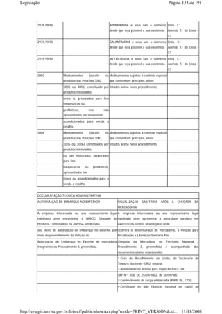 Legislação                                                                                                        Página 134 de 191



        2939.99.90                                                 APOMORFINA e seus sais e isômeros, Lista - C1
                                                                   desde que seja possível a sua existência       Adendo 1) da Lista -
                                                                                                                  C1
        2939.99.90                                                 GALANTAMINA e seus sais e isômeros, Lista - C1
                                                                   desde que seja possível a sua existência       Adendo 1) da Lista -
                                                                                                                  C1
        2939.99.90                                                 METISERGIDA e seus sais e isômeros, Lista - C1
                                                                   desde que seja possível a sua existência. Adendo 1) da Lista -
                                                                                                                  C1
        3003              Medicamentos           (exceto     os Medicamentos sujeitos à controle especial
                          produtos das Posições 3002,              que contenham princípios ativos
                          3005 ou 3006) constituído por listados acima neste procedimento
                          produtos misturados
                          entre si, preparados para fins
                          terapêuticos ou
                          profiláticos,          mas       não
                          apresentados em doses nem
                          acondicionados para venda a
                          retalho.
        3004              Medicamentos           (exceto     os Medicamentos sujeitos à controle especial
                          produtos das Posições 3002,              que contenham princípios ativos
                          3005 ou 3006) constituídos por listados acima neste procedimento
                          produtos misturados
                          ou não misturados, preparados
                          para fins

                          terapêuticos      ou     profiláticos,
                          apresentados em
                          doses ou acondicionados para a
                          venda a retalho.


        DOCUMENTAÇÃO TÉCNICO ADMINISTRATIVA
        AUTORIZAÇÃO DE EMBARQUE NO EXTERIOR                             FISCALIZAÇÃO      SANITÁRIA     APÓS           A   CHEGADA      DA
                                                                        MERCADORIA
        A empresa interessada ou seu representante legal A empresa interessada ou seu representante legal
        habilitado deve encaminhar à UPROC (Unidade de habilitado deve apresentar à autoridade sanitária em
        Produtos Controlados) na ANVISA em Brasília,                    exercício no recinto alfandegado onde
        seu pleito de autorização de embarque no exterior, por ocorrerá o desembaraço da mercadoria, a Petição para
        meio do preenchimento da Petição de                             Fiscalização e Liberação Sanitária Pós
        Autorização de Embarque no Exterior de mercadoria Chegada                   da   Mercadoria   no      Território     Nacional    -
        integrantes do Procedimento 3, preenchida.                      Procedimento     3,   preenchida      e    acompanhada       dos
                                                                        documentos abaixo relacionados.
                                                                        1-Guia de Recolhimento da União, da Secretaria do
                                                                        Tesouro Nacional - GRU, original.
                                                                        2-Autorização de acesso para inspeção física (IN
                                                                        SRF Nº. 206, DE 25/09/2002, de 28/09/98);
                                                                        3-Conhecimento de carga embarcada (AWB, BL, CTR);
                                                                        4-Certificado de Não Objeção (original ou cópia) ou




http://e-legis.anvisa.gov.br/leisref/public/showAct.php?mode=PRINT_VERSION&id... 11/11/2008
 