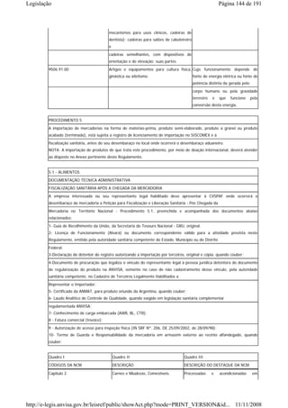Legislação                                                                                                  Página 144 de 191



                                          mecanismos para usos clínicos, cadeiras de
                                          dentista); cadeiras para salões de cabeleireiro
                                          e
                                          cadeiras semelhantes, com dispositivos de
                                          orientação e de elevação; suas partes.
        9506.91.00                        Artigos e equipamentos para cultura física, Cujo funcionamento depende de
                                          ginástica ou atletismo.                           fonte de energia elétrica ou fonte de
                                                                                            potência distinta da gerada pelo
                                                                                            corpo humano ou pela gravidade
                                                                                            terrestre   e   que   funcione     pela
                                                                                            conversão desta energia.


        PROCEDIMENTO 5
        A importação de mercadorias na forma de matérias-prima, produto semi-elaborado, produto a granel ou produto
        acabado (terminado), está sujeita a registro de licenciamento de importação no SISCOMEX e à
        fiscalização sanitária, antes do seu desembaraço no local onde ocorrerá o desembaraço aduaneiro.
        NOTA: A importação de produtos de que trata este procedimento, por meio de doação internacional, deverá atender
        ao disposto no Anexo pertinente deste Regulamento.


        5.1 - ALIMENTOS
        DOCUMENTAÇÃO TÉCNICA ADMINISTRATIVA
        FISCALIZAÇÃO SANITÁRIA APÓS A CHEGADA DA MERCADORIA
        A empresa interessada ou seu representante legal habilitado deve apresentar à CVSPAF onde ocorrerá o
        desembaraço da mercadoria a Petição para Fiscalização e Liberação Sanitária - Pós Chegada da
        Mercadoria no Território Nacional - Procedimento 5.1, preenchida e acompanhada dos documentos abaixo
        relacionados:
        1- Guia de Recolhimento da União, da Secretaria do Tesouro Nacional - GRU, original.
        2- Licença de Funcionamento (Alvará) ou documento correspondente válido para a atividade prevista neste
        Regulamento, emitido pela autoridade sanitária competente do Estado, Município ou do Distrito
        Federal;
        3-Declaração do detentor do registro autorizando a importação por terceiros, original e cópia, quando couber;
        4-Documento de procuração que legaliza o vínculo do representante legal à pessoa jurídica detentora do documento
        de regularização do produto na ANVISA, somente no caso de não cadastramento desse vínculo, pela autoridade
        sanitária competente, no Cadastro de Terceiros Legalmente Habilitados a
        Representar o Importador;
        5- Certificado da ANMAT, para produto oriundo da Argentina, quando couber;
        6- Laudo Analítico de Controle de Qualidade, quando exigido em legislação sanitária complementar
        regulamentada ANVISA;
        7- Conhecimento de carga embarcada (AWB, BL, CTR);
        8 - Fatura comercial (Invoice);
        9 - Autorização de acesso para inspeção física (IN SRF Nº. 206, DE 25/09/2002, de 28/09/98);
        10- Termo de Guarda e Responsabilidade da mercadoria em armazém externo ao recinto alfandegado, quando
        couber;


        Quadro I                              Quadro II                             Quadro III
        CÓDIGOS DA NCM                        DESCRIÇÃO                             DESCRIÇÃO DO DESTAQUE DA NCM

        Capítulo 2                            Carnes e Miudezas, Comestíveis.       Processadas         e   acondicionadas      em




http://e-legis.anvisa.gov.br/leisref/public/showAct.php?mode=PRINT_VERSION&id... 11/11/2008
 