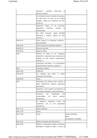 Legislação                                                                                                   Página 153 de 191



                               “absolutos”;          resinóides        oleorresinas        de
                               extração; soluções
                               concentradas de óleos essenciais em gorduras,
                               em óleos fixos, em ceras ou em matérias
                               análogas, obtidas por tratamento de flores
                               através de
                               substâncias          gordas     ou      por      maceração;
                               subprodutos            terpênicos         residuais         da
                               desterpenação
                               dos      óleos       essenciais;        águas        destiladas
                               aromáticas       e    soluções       aquosas         de   óleos
                               essenciais.
        3302.90.19             Outras misturas de substâncias odoríferas -
                               para perfumaria.
        3302.90.90             Outras misturas de substâncias odoríferas.
        3303.00.10             Perfumes (extratos)
        3303.00.20             Águas de colônia
        3304                   Produtos       de     beleza       ou    de     maquilagem
                               preparados e preparações para conservação ou
                               cuidados      da      pele    (exceto     medicamentos),
                               incluídas as
                               preparações anti-solares e os bronzeadores;
                               preparações para manicuros e pedicuros
        3305                   Preparações capilares.
        3306.10.00             Dentifrícios
        3306.20.00             Fios     utilizados     para       limpar       os    espaços
                               interdentais (fios dentais).
        3306.90.00             Outros
        3307                   Preparações para barbear (antes, durante ou
                               após), desodorantes corporais, preparações
                               para banhos,
                               depilatórios, outros produtos de perfumaria ou
                               de toucador preparados e outras preparações
                               cosméticas,           não          especificados          nem
                               compreendidos              em        outras          posições;
                               desodorantes
                               de     ambientes,        preparados,          mesmo        não
                               perfumados,          com      ou     sem        propriedades
                               desinfetantes.
        3401.11.10             Sabões medicinais
        3401.11.90             Outros
        3401.19.00             Outros                                                            Lenços umedecidos
                                                                                                 Discos
                                                                                                 Demaquilantes embebidos
        3401.20.10             Sabões de toucador sob outras formas.
        3401.30.00             Produtos e preparações orgânicos tensoativos
                               destinados à lavagem da pele, na forma de




http://e-legis.anvisa.gov.br/leisref/public/showAct.php?mode=PRINT_VERSION&id... 11/11/2008
 