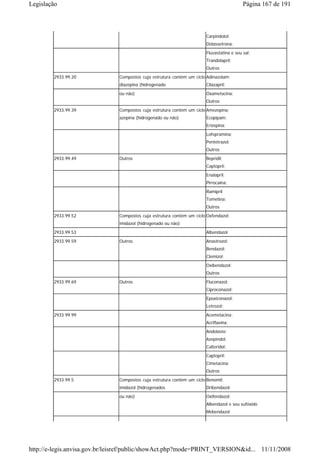 Legislação                                                                                Página 167 de 191



                                                                       Carpindolol;
                                                                       Dolassetrona;
                                                                       Fluvastatina e seu sal;
                                                                       Trandolapril;
                                                                       Outros
        2933.99.20             Compostos cuja estrutura contém um ciclo Adinazolam;
                               diazepina (hidrogenado                  Cilazapril;

                               ou não)                                 Oxametacina;
                                                                       Outros
        2933.99.39             Compostos cuja estrutura contém um ciclo Amezepina;
                               azepina (hidrogenado ou não)            Ecopipam;
                                                                       Erizepina;
                                                                       Lofepramina;
                                                                       Pentetrazol;
                                                                       Outros
        2933.99.49             Outros                                  Bepridil;
                                                                       Captopril;
                                                                       Enalapril;
                                                                       Pirrocaína;
                                                                       Ramipril
                                                                       Tometina;
                                                                       Outros
        2933.99.52             Compostos cuja estrutura contém um ciclo Oxfendazol;
                               imidazol (hidrogenado ou não)
        2933.99.53                                                     Albendazol
        2933.99.59             Outros                                  Anastrozol;
                                                                       Bendazol;
                                                                       Clemizol;
                                                                       Oxibendazol;
                                                                       Outros
        2933.99.69             Outros                                  Fluconazol;
                                                                       Ciproconazol;
                                                                       Epoxiconazol;
                                                                       Letrozol;
        2933.99.99                                                     Acemetacina;
                                                                       Acriflavina;
                                                                       Andolaste;
                                                                       Azepindol;
                                                                       Calteridol;
                                                                       Captopril;
                                                                       Cimetacina;
                                                                       Outros
        2933.99.5              Compostos cuja estrutura contém um ciclo Benomil;
                               imidazol (hidrogenados                  Dribendazol;
                               ou não)                                 Oxifendazol;
                                                                       Albendazol e seu sufóxido
                                                                       Mebendazol




http://e-legis.anvisa.gov.br/leisref/public/showAct.php?mode=PRINT_VERSION&id... 11/11/2008
 