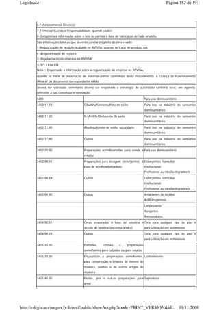 Legislação                                                                                                  Página 182 de 191



        6-Fatura comercial (Invoice);
        7-Termo de Guarda e Responsabilidade, quando couber;
        8-Obrigatória à informação sobre o lote ou partida e data de fabricação de cada produto.
        São informações básicas que deverão constar do pleito do interessado:
        1-Regularização do produto acabado na ANVISA, quando se tratar de produto sob
        a obrigatoriedade de registro;
        2- Regularização da empresa na ANVISA;
        3- Nº. LI ou LSI.
        Nota1: Dispensada a informação sobre a regularização da empresa na ANVISA,
        quando se tratar de importação de matérias-primas constantes deste Procedimento. A Licença de Funcionamento
        (Alvará) ou documento correspondente válido
        deverá ser solicitado, entretanto deverá ser respeitada a estratégia da autoridade sanitária local, em vigência,
        referente à sua concessão e renovação.
        3401                                                                             Para uso domissanitário
        3402.11.10                        Dibutilnaftalenossulfato de sódio              Para uso na indústria de saneantes
                                                                                         domissanitários
        3402.11.20                        N-Metil-N-Oleitaurato de sódio                 Para uso na indústria de saneantes
                                                                                         domissanitários
        3402.11.30                        Alquilssulfonato de sódio, secundário          Para uso na indústria de saneantes
                                                                                         domissanitários
        3402.11.90                        Outros                                         Para uso na indústria de saneantes
                                                                                         domissanitários
        3402.20.00                        Preparações acondicionadas para venda a Para uso domissanitário
                                          retalho
        3402.90.31                        Preparações para lavagem (detergentes) à Detergentes Domiciliar
                                          base de nonilfenol etoxilado                   Institucional
                                                                                         Profissional ou não biodegradável
        3402.90.39                        Outras                                         Detergentes Domiciliar
                                                                                         Institucional
                                                                                         Profissional ou não biodegradável
        3402.90.90                        Outras                                         Amaciantes de tecidos
                                                                                         Antiferruginosos
                                                                                         Limpa vidros
                                                                                         Alvejantes
                                                                                         Removedores
        3404.90.21                        Ceras preparadas à base de vaselina e Cera para qualquer tipo de piso e
                                          álccois de lanolina (eucerina anidra)          para utilização em automóveis
        3404.90.29                        Outras                                         Cera para qualquer tipo de piso e
                                                                                         para utilização em automóveis
        3405.10.00                        Pomadas,      cremes      e      preparações
                                          semelhantes para calçados ou para couros.
        3405.20.00                        Encausticas e preparações semelhantes, Lustra móveis
                                          para conservação e limpeza de móveis de
                                          madeira, soalhos e de outros artigos de
                                          madeira
        3405.40.00                        Pastas, pós e outras preparações para Saponáceo
                                          arear




http://e-legis.anvisa.gov.br/leisref/public/showAct.php?mode=PRINT_VERSION&id... 11/11/2008
 
