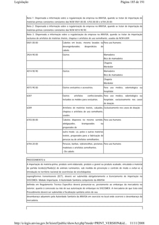 Legislação                                                                                              Página 185 de 191



        Nota 1: Dispensada a informação sobre a regularização da empresa na ANVISA, quando se tratar de importação de
        matérias-primas constantes constantes das NCM 0501.00.00, 6703.00.00 e 6704.20.00;
        Nota 2: Dispensada a informação sobre a regularização da empresa na ANVISA, quando se tratar de importação de
        matérias-primas constantes constantes das NCM 4014.90.90;
        Nota 3: Dispensada a informação sobre a regularização da empresa na ANVISA, quando se tratar de importação
        exclusiva de artefatos de matérias têxteis, chapéus e artefatos de uso semelhante, usados da NCM 6309.
        0501.00.00                           Cabelos em bruto, mesmo lavados ou Para uso humano.
                                             desengordurados;       desperdícios    de
                                             cabelo.
        3924.90.00                           Outros                                      Mamadeira
                                                                                         Bico de mamadeira
                                                                                         Chupeta
                                                                                         Mordedor
        4014.90.90                           Outros                                      Mamadeira
                                                                                         Bico de mamadeira
                                                                                         Chupeta
                                                                                         Mordedor
        4015.90.00                           Outros vestuários e acessórios.             Para uso médico, odontológico ou
                                                                                         hospitalar.
        6307                                 Outros     artefatos      confeccionados, Para uso médico, odontológico ou
                                             incluídos os moldes para vestuários.        hospitalar, exclusivamente nos casos
                                                                                         de doação.
        6309                                 Artefatos de matérias texteis, calçados, Exclusivamente nos casos de doação
                                             chapéus e artefatos de uso semelhante,
                                             usados.

        6703.00.00                           Cabelos dispostos no mesmo sentido, Para uso humano.
                                             adelgaçados,       branqueados         ou
                                             preparados de
                                             outro modo; Lã, pelos e outras matérias
                                             texteis, preparados para a fabricação de
                                             perucas ou de artefatos semelhantes.
        6704.20.00                           Perucas, barbas, sobrancelhas, pestanas, Para uso humano.
                                             madeixas e artefatos semelhantes.
                                             - De cabelo.


        PROCEDIMENTO 6
        A importação de matéria-prima, produto semi-elaborado, produto a granel ou produto acabado, vinculada a material
        de partida tecido(s)/fluido(s) de animais ruminantes, sob medida de prevenção e controle de modo a evitar-se a
        introdução no território nacional de ocorrências de encefalopatias
        espongiformes transmissíveis (EET), deverá ser submetida obrigatoriamente a licenciamento de importação no
        SISCOMEX- Módulo Importação. A Autoridade Sanitária competente da ANVISA
        definida em Regulamento Técnico Específico deverá pronunciar-se, previamente ao embarque da mercadoria no
        exterior, quanto à concessão ou não de sua autorização de embarque no SISCOMEX. A mercadoria de que trata este
        Procedimento deverá ser submetida à fiscalização sanitária antes do seu
        desembaraço aduaneiro pela Autoridade Sanitária da ANVISA em exercício no local onde ocorrerá o desembaraço da
        mercadoria.




http://e-legis.anvisa.gov.br/leisref/public/showAct.php?mode=PRINT_VERSION&id... 11/11/2008
 