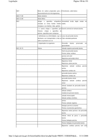 Legislação                                                                                          Página 190 de 191



        3821                     Meios de cultura preparados para o Tetrationato, caldo básico
                                 desenvolvimento de microrganismos.
        3823.11.00               Ácido esteárico
        3823.12.00               Ácido Oléico
        9021                     Artigos     e   aparelhos     ortopédicos, Hemashield tecido            duplo   veludo   em
                                 incluídas as cintas fundas médico- malha
                                 cirúrgicas e as muletas; talas, goteira
                                 s e outros artigos e aparelhos para Enxerto arterial de mamaria bovina
                                 fraturas;   artigos   e     aparelhos   de
                                 prótese; aparelhos para compensa
                                 r deficiências ou enfermidades, que se Lenco de pericardio bovino
                                 destinam a ser transportados à mão ou Tubo valvulado pulmonar
                                 sobre as pessoas ou a se
                                 r implantadas no organismo                   Pericardio      bovino      preservado      em
                                                                              glutaraldeido
        9021.39.19               Outras                                       Valvado organico pericardio bovino
                                                                              Patch de pericardio bovino
                                                                              Protese valvar cardiaca
                                                                              porcina com anel
                                                                              Bioprotese pericardial mitral
                                                                              Bioprotese mitral
                                                                              Bioprotese valvar porcina
                                                                              Bioprotese      valvular    cardiaca   porcino
                                                                              aortica
                                                                              Bioprotese cardiaca de
                                                                              pericardio bovino aortica
                                                                              Bioprotese cardiaca de
                                                                              pericardio bovino mitral
                                                                              Bioprotese      valvular    cardiaca   porcino
                                                                              mitral
                                                                              Valvula standard de pericardio bovino e
                                                                              porcina
                                                                              Válvula cardíaca
                                                                              Conduto de pericario bovino
                                                                              valvado monocuspide
                                                                              Valvula cardiaca stentless
                                                                              aortica
                                                                              Protese valvular organica
                                                                              biologica porcina ou bovina
                                                                              Protese reconstrutiva geometrica
                                                                              Bioprotese valvar porcina e de pericardio
                                                                              bovino
                                                                              Valvula mitral de porco e pericardio
                                                                              bovino
                                                                              Protese biologica porcina
                                                                              Protese biologica de pericardio bovino
                                                                              Bioprotese cardiaca porcina sem anel




http://e-legis.anvisa.gov.br/leisref/public/showAct.php?mode=PRINT_VERSION&id... 11/11/2008
 