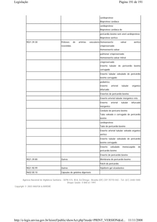 Legislação                                                                                                   Página 191 de 191



                                                                                     cardioprotese
                                                                                     Bioprotese cardiaca
                                                                                     cardioprotese
                                                                                     Bioprotese cardiaca de
                                                                                     pericardio bovino sem anel cardioprotese
                                                                                     Bioprotese aortica
          9021.39.30                         Próteses     de   artérias   vasculares Homoenxerto              valvar       aortico
                                             revestidas                              criopreservado
                                                                                     Homoenxerto valvar
                                                                                     pulmonar criopreservado
                                                                                     Homoenxerto valvar mitral
                                                                                     criopreservado
                                                                                     Enxerto tubular de pericardio bovino
                                                                                     corrugado
                                                                                     Enxerto tubular valvulado de pericárdio
                                                                                     bovino corrugado

                                                                                     pediatrico
                                                                                     Enxerto      arterial     tubular   organico
                                                                                     bifurcado
                                                                                     Enxertos de pericardio bovino
                                                                                     Enxerto arterial tubular inorganico reto
                                                                                     Enxerto      arterial    tubular    bifurcado
                                                                                     inorganico
                                                                                     Conduto de pericario bovino
                                                                                     Tubo valvado e corrugado de pericardio
                                                                                     bovino
                                                                                     cardioprotese
                                                                                     Tubo de pericardio bovino
                                                                                     Enxerto arterial tubular valvado organico
                                                                                     aortico
                                                                                     Enxerto tubular valvulado de pericárdio
                                                                                     bovino corrugado

                                                                                     Enxerto      valvulado    monocuspide      de
                                                                                     pericardio bovino
                                                                                     Enxerto de pericardio bovino
          9021.39.80                         Outros                                  Membrana de pericardio bovino
                                                                                     Patch de pericardio
          9021.90.99                         Outros                                  Hylaform gel vicoelastico

          9602.00.10                         Cápsulas de gelatina digeríveis


       Agência Nacional de Vigilância Sanitária - SEPN 515, Bl.B, Ed.Ômega - Brasília (DF) CEP 70770-502 - Tel: (61) 3448-1000
                                                     Disque Saúde: 0 800 61 1997
Copyright © 2003 ANVISA & BIREME




http://e-legis.anvisa.gov.br/leisref/public/showAct.php?mode=PRINT_VERSION&id... 11/11/2008
 