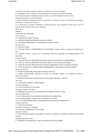 Legislação                                                                                                  Página 60 de 191




        a) conduta de fiscalização sanitária harmônica, por categoria de risco das mercadorias;
        b) metodologia de coleta, transporte e análise laboratorial, por categoria da mercadoria importada;
        c) definição de laboratório responsável por tipo de análise, para os fins do disposto na alínea anterior;
        d) plano de capacitação de recursos humanos;
        e) plano de trabalho de implantação do sistema harmonizado de fiscalização sanitária e fitossanitária das mercadorias
        importadas, e cronograma de execução.
        14. Os prazos para as medidas, formalidades e exigências previstas neste Regulamento contar-se-ão a partir do
        primeiro dia útil a contar da data do seu recebimento.
        ANEXO XLIII
        QUADRO I
        FINALIDADES DE IMPORTAÇÃO
        Feiras e Eventos:
        01 - EXPOSIÇÃO EM FEIRAS E EVENTOS.
        02 - EXPOSIÇÃO COM DEMONSTRAÇÃO EM FEIRAS E EVENTOS.
        03 - EXPOSIÇÃO, DEMONTRAÇÃO E DISTRIBUIÇÃO EM FEIRAS E EVENTOS.
        Pesquisa Clínica:
        04 - PESQUISA CLÍNICA.
        05 - PESQUISA CLÍNICA / ACOMPANHAMENTO E/OU AVALIAÇÃO ( Produtos médicos e produtos para diagnóstico in
        vitro) .
        06 - PESQUISA CLÍNICA / COLETA ( KIT) DE MATERIAL BIOLÓGICO VINCULADO AO ACOMPANHAMENTO E/OU
        AVALIAÇÃO.
        Pesquisa Científica:
        07 - PESQUISA CIENTÍFICA IMPORTADA POR PESSOA FÍSICA ENVOLVIDA EM SEU DESENVOLVIMENTO;
        08 - PESQUISA CIENTÍFICA IMPORTADA POR PESSOA JURÍDICA, INSTITUIÇÃO DESTINATÁRIA.
        09 - PESQUISA CIENTÍFICA IMPORTADA POR TERCEIRO INTERMEDIÁRIO DA INSTITUIÇÃO DESTINATÁRIA.
        10 - PESQUISA CIENTÍTICA / COMÉRCIO PARA ACOMPANHAMENTO, AVALIAÇÃO OU DESENVOLVIMENTO.
        Doação Internacional:
        11- DOAÇÃO INTERNACIONAL VINCULADA À PESQUISA CIENTÍFICA.
        12- DOAÇÃO INTERNACIONAL EXCLUSIVA DE PEÇAS DE VESTUÁRIO USADOS E DE ARTEFATOS TÊXTEIS E
        SINTÉTICOS USADOS.
        13- DOAÇÃO INTERNCIONAL DE MERCADORIAS SOB VIGILÂNCIA SANITÁRIA - DIVERSAS.
        Loja Franca
        14 - LOJA FRANCA, COMÉRCIO E ARMAZENAGEM;
        Controle da qualidade:
        15- TESTE DE CONTROLE DA QUALIDADE;
        Aprovação de Registro de Produto:
        16- APROVAÇÃO DE REGISTRO OU REGULARIZAÇÃO DO PRODUTO PERANTE O SNVS.
        Testes de Equipamentos:
        17- TESTE OPERACIONAL EM EQUIPAMENTOS INDUSTRIAL OU LABORATORIAL.
        Teste de biodisponibilidade, bioequivalência ou equivalência farmacêutica:
        18- TESTE DE BIODISPONIBILIDADE, BIOEQUIVALÊNCIA OU EQUIVALÊNCIA FARMACÊUTICA.
        Pesquisa de Mercado:
        19 - PESQUISA DE MERCADO.
        Avaliação de rotulagem ou embalagem:
        20- AVALIAÇÃO DE EMBALAGEM OU ROTULAGEM.
        Segurança e Eficácia:
        21- TESTE PARA VERIFICAÇÃO DE SEGURANÇA E EFICÁCIA EM COSMÉTICOS, PERFUMES E PRODUTOS DE HIGIENE
        PESSOAL.
        Diagnóstico laboratorial clínico:
        22 - DIAGNÓSTICO LABORATORIAL CLÍNICO DE MATERIAL BIOLÓGICO HUMANO.




http://e-legis.anvisa.gov.br/leisref/public/showAct.php?mode=PRINT_VERSION&id... 11/11/2008
 