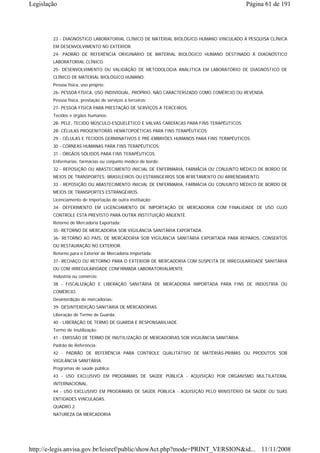 Legislação                                                                                Página 61 de 191




        23 - DIAGNÓSTICO LABORATORIAL CLÍNICO DE MATERIAL BIOLÓGICO HUMANO VINCULADO À PESQUISA CLÍNICA
        EM DESENVOLVIMENTO NO EXTERIOR.
        24- PADRÃO DE REFERÊNCIA ORIGINÁRIO DE MATERIAL BIOLÓGICO HUMANO DESTINADO Á DIAGNÓSTICO
        LABORATORIAL CLÍNICO.
        25- DESENVOLVIMENTO OU VALIDAÇÃO DE METODOLOGIA ANALITICA EM LABORATÓRIO DE DIAGNÓSTICO DE
        CLÍNICO DE MATERIAL BIOLÓGICO HUMANO.
        Pessoa física, uso próprio:
        26- PESSOA FÍSICA, USO INDIVIDUAL, PRÓPRIO, NÃO CARACTERIZADO COMO COMÉRCIO OU REVENDA.
        Pessoa física, prestação de serviços a terceiros:
        27- PESSOA FÍSICA PARA PRESTAÇÃO DE SERVIÇOS A TERCEIROS.
        Tecidos e órgãos humanos:
        28- PELE, TECIDO MÚSCULO-ESQUELÉTICO E VALVAS CARDÍACAS PARA FINS TERAPÊUTICOS;
        28- CÉLULAS PROGENITORAS HEMATOPOÉTICAS PARA FINS TERAPÊUTICOS;
        29 - CÉLULAS E TECIDOS GERMINATIVOS E PRÉ-EMBRIÕES HUMANOS PARA FINS TERAPÊUTICOS.
        30 - CÓRNEAS HUMANAS PARA FINS TERAPÊUTICOS;
        31 - ÓRGÃOS SÓLIDOS PARA FINS TERAPÊUTICOS.
        Enfermarias, farmácias ou conjunto médico de bordo:
        32 - REPOSIÇÃO OU ABASTECIMENTO INICIAL DE ENFERMARIA, FARMÁCIA OU CONJUNTO MÉDICO DE BORDO DE
        MEIOS DE TRANSPORTES; BRASILEIROS OU ESTRANGEIROS SOB AFRETAMENTO OU ARRENDAMENTO.
        33 - REPOSIÇÃO OU ABASTECIMENTO INICIAL DE ENFERMARIA, FARMÁCIA OU CONJUNTO MÉDICO DE BORDO DE
        MEIOS DE TRANSPORTES ESTRANGEIROS.
        Licenciamento de importação de outra instituição:
        34- DEFERIMENTO EM LICENCIAMENTO DE IMPORTAÇÃO DE MERCADORIA COM FINALIDADE DE USO CUJO
        CONTROLE ESTÁ PREVISTO PARA OUTRA INSTITUIÇÃO ANUENTE.
        Retorno de Mercadoria Exportada:
        35- RETORNO DE MERCADORIA SOB VIGILÂNCIA SANITÁRIA EXPORTADA.
        36- RETORNO AO PAÍS, DE MERCADORIA SOB VIGILÂNCIA SANITÁRIA EXPORTADA PARA REPAROS, CONSERTOS
        OU RESTAURAÇÃO NO EXTERIOR.
        Retorno para o Exterior de Mercadoria Importada:
        37- RECHAÇO OU RETORNO PARA O EXTERIOR DE MERCADORIA COM SUSPEITA DE IRREGULARIDADE SANITÁRIA
        OU COM IRREGULARIDADE CONFIRMADA LABORATORIALMENTE.
        Indústria ou comércio:
        38 - FISCALIZAÇÃO E LIBERAÇÃO SANITÁRIA DE MERCADORIA IMPORTADA PARA FINS DE INDÚSTRIA OU
        COMÉRCIO.
        Desinterdição de mercadorias:
        39- DESINTERDIÇÃO SANITÁRIA DE MERCADORIAS.
        Liberação de Termo de Guarda:
        40 - LIBERAÇÃO DE TERMO DE GUARDA E RESPONSABILIADE.
        Termo de Inutilização:
        41 - EMISSÃO DE TERMO DE INUTILIZAÇÃO DE MERCADORIAS SOB VIGILÂNCIA SANITÁRIA.
        Padrão de Referência:
        42 - PADRÃO DE REFERÊNCIA PARA CONTROLE QUALITATIVO DE MATÉRIAS-PRIMAS OU PRODUTOS SOB
        VIGILÃNCIA SANITÁRIA.
        Programas de saúde pública:
        43 - USO EXCLUSIVO EM PROGRAMAS DE SAÚDE PÚBLICA - AQUISIÇÃO POR ORGANISMO MULTILATERAL
        INTERNACIONAL.
        44 - USO EXCLUSIVO EM PROGRAMAS DE SAÚDE PÚBLICA - AQUISIÇÃO PELO MINISTÉRIO DA SAÚDE OU SUAS
        ENTIDADES VINCULADAS.
        QUADRO 2
        NATUREZA DA MERCADORIA




http://e-legis.anvisa.gov.br/leisref/public/showAct.php?mode=PRINT_VERSION&id... 11/11/2008
 