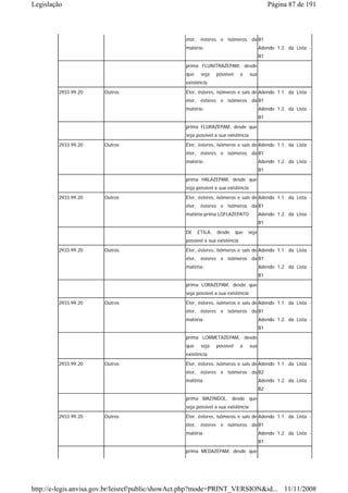 Legislação                                                                                   Página 87 de 191



                                                 éter, ésteres e isômeros da B1
                                                 matéria-                               Adendo 1.2. da Lista -
                                                                                        B1
                                                 prima FLUNITRAZEPAM, desde
                                                 que    seja    possível     a    sua
                                                 existência
        2933.99.20     Outros                    Éter, ésteres, isômeros e sais de Adendo 1.1. da Lista -
                                                 éter, ésteres e isômeros da B1
                                                 matéria-                               Adendo 1.2. da Lista -
                                                                                        B1
                                                 prima FLURAZEPAM, desde que
                                                 seja possível a sua existência
        2933.99.20     Outros                    Éter, ésteres, isômeros e sais de Adendo 1.1. da Lista -
                                                 éter, ésteres e isômeros da B1
                                                 matéria-                               Adendo 1.2. da Lista -
                                                                                        B1
                                                 prima HALAZEPAM, desde que
                                                 seja possível a sua existência
        2933.99.20     Outros                    Éter, ésteres, isômeros e sais de Adendo 1.1. da Lista -
                                                 éter, ésteres e isômeros da B1
                                                 matéria-prima LOFLAZEPATO              Adendo 1.2. da Lista -
                                                                                        B1
                                                 DE    ETILA,   desde      que   seja
                                                 possível a sua existência
        2933.99.20     Outros                    Éter, ésteres, isômeros e sais de Adendo 1.1. da Lista -
                                                 éter, ésteres e isômeros da B1
                                                 matéria-                               Adendo 1.2. da Lista -
                                                                                        B1
                                                 prima LORAZEPAM, desde que
                                                 seja possível a sua existência
        2933.99.20     Outros                    Éter, ésteres, isômeros e sais de Adendo 1.1. da Lista -
                                                 éter, ésteres e isômeros da B1
                                                 matéria-                               Adendo 1.2. da Lista -
                                                                                        B1
                                                 prima LORMETAZEPAM, desde
                                                 que    seja    possível     a    sua
                                                 existência
        2933.99.20     Outros                    Éter, ésteres, isômeros e sais de Adendo 1.1. da Lista -
                                                 éter, ésteres e isômeros da B2
                                                 matéria-                               Adendo 1.2. da Lista -
                                                                                        B2
                                                 prima MAZINDOL, desde que
                                                 seja possível a sua existência
        2933.99.20     Outros                    Éter, ésteres, isômeros e sais de Adendo 1.1. da Lista -
                                                 éter, ésteres e isômeros da B1
                                                 matéria-                               Adendo 1.2. da Lista -
                                                                                        B1
                                                 prima MEDAZEPAM, desde que




http://e-legis.anvisa.gov.br/leisref/public/showAct.php?mode=PRINT_VERSION&id... 11/11/2008
 