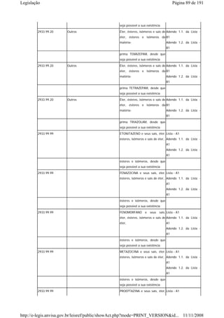 Legislação                                                                              Página 89 de 191



                                                 seja possível a sua existência
        2933.99.20     Outros                    Éter, ésteres, isômeros e sais de Adendo 1.1. da Lista -
                                                 éter, ésteres e isômeros da B1
                                                 matéria-                          Adendo 1.2. da Lista -
                                                                                   B1
                                                 prima TEMAZEPAM, desde que
                                                 seja possível a sua existência
        2933.99.20     Outros                    Éter, ésteres, isômeros e sais de Adendo 1.1. da Lista -
                                                 éter, ésteres e isômeros da B1
                                                 matéria-                          Adendo 1.2. da Lista -
                                                                                   B1
                                                 prima TETRAZEPAM, desde que
                                                 seja possível a sua existência
        2933.99.20     Outros                    Éter, ésteres, isômeros e sais de Adendo 1.1. da Lista -
                                                 éter, ésteres e isômeros da B1
                                                 matéria-                          Adendo 1.2. da Lista -
                                                                                   B1
                                                 prima TRIAZOLAM, desde que
                                                 seja possível a sua existência
        2933.99.99                               ETONITAZENO e seus sais, éter, Lista - A1
                                                 ésteres, isômeros e sais de éter, Adendo 1.1. da Lista -
                                                                                   A1
                                                                                   Adendo 1.2. da Lista -
                                                                                   A1
                                                 ésteres e isômeros, desde que
                                                 seja possível a sua existência
        2933.99.99                               FENAZOCINA e seus sais, éter, Lista - A1
                                                 ésteres, isômeros e sais de éter, Adendo 1.1. da Lista -
                                                                                   A1
                                                                                   Adendo 1.2. da Lista -
                                                                                   A1
                                                 ésteres e isômeros, desde que
                                                 seja possível a sua existência
        2933.99.99                               FENOMORFANO       e   seus   sais, Lista - A1
                                                 éter, ésteres, isômeros e sais de Adendo 1.1. da Lista -
                                                 éter,                             A1
                                                                                   Adendo 1.2. da Lista -
                                                                                   A1
                                                 ésteres e isômeros, desde que
                                                 seja possível a sua existência
        2933.99.99                               METAZOCINA e seus sais, éter, Lista - A1
                                                 ésteres, isômeros e sais de éter, Adendo 1.1. da Lista -
                                                                                   A1
                                                                                   Adendo 1.2. da Lista -
                                                                                   A1
                                                 ésteres e isômeros, desde que
                                                 seja possível a sua existência
        2933.99.99                               PROEPTAZINA e seus sais, éter, Lista - A1




http://e-legis.anvisa.gov.br/leisref/public/showAct.php?mode=PRINT_VERSION&id... 11/11/2008
 