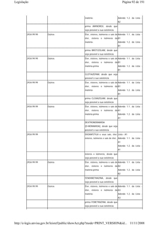 Legislação                                                                              Página 92 de 191



                                                 matéria-                          Adendo 1.2. da Lista -
                                                                                   B2
                                                 prima AMINOREX, desde que
                                                 seja possível a sua existência.
        2934.99.99     Outros                    Éter, ésteres, isômeros e sais de Adendo 1.1. da Lista -
                                                 éter, ésteres e isômeros da B1
                                                 matéria-                          Adendo 1.2. da Lista -
                                                                                   B1
                                                 prima BROTIZOLAM, desde que
                                                 seja possível a sua existência.
        2934.99.99     Outros                    Éter, ésteres, isômeros e sais de Adendo 1.1. da Lista -
                                                 éter, ésteres e isômeros da B1
                                                 matéria-prima                     Adendo 1.2. da Lista -
                                                                                   B1
                                                 CLOTIAZEPAM, desde que seja
                                                 possível a sua existência
        2934.99.99     Outros                    Éter, ésteres, isômeros e sais de Adendo 1.1. da Lista -
                                                 éter, ésteres e isômeros da B1
                                                 matéria-                          Adendo 1.2. da Lista -
                                                                                   B1
                                                 prima CLOXAZOLAM, desde que
                                                 seja possível a sua existência
        2934.99.99     Outros                    Éter, ésteres, isômeros e sais de Adendo 1.1. da Lista -
                                                 éter, ésteres e isômeros da A1
                                                 matéria-prima                     Adendo 1.2. da Lista -
                                                                                   A1
                                                 DEXTROMORAMIDA
                                                 [D-MORAMIDA], desde que seja
                                                 possível a sua existência
        2934.99.99                               DIOXAFETILA e seus sais, éter, Lista - A1
                                                 ésteres, isômeros e sais de éter, Adendo 1.1. da Lista -
                                                                                   A1
                                                                                   Adendo 1.2. da Lista -
                                                                                   A1
                                                 ésteres e isômeros, desde que
                                                 seja possível a sua existência
        2934.99.99     Outros                    Éter, ésteres, isômeros e sais de Adendo 1.1. da Lista -
                                                 éter, ésteres e isômeros da B2
                                                 matéria-prima                     Adendo 1.2. da Lista -
                                                                                   B2
                                                 FENDIMETRAZINA, desde que
                                                 seja possível a sua existência
        2934.99.99     Outros                    Éter, ésteres, isômeros e sais de Adendo 1.1. da Lista -
                                                 éter, ésteres e isômeros da A3
                                                 matéria-                          Adendo 1.2. da Lista -
                                                                                   A3
                                                 prima FEMETRAZINA, desde que
                                                 seja possível a sua existência




http://e-legis.anvisa.gov.br/leisref/public/showAct.php?mode=PRINT_VERSION&id... 11/11/2008
 