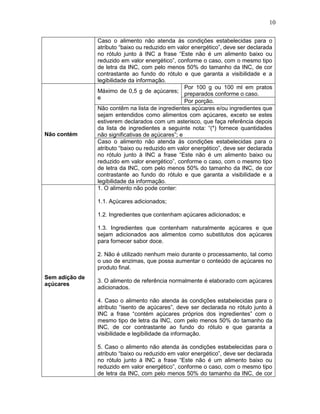 10

Não contém

Caso o alimento não atenda às condições estabelecidas para o
atributo “baixo ou reduzido em valor energético”, deve ser declarada
no rótulo junto à INC a frase “Este não é um alimento baixo ou
reduzido em valor energético”, conforme o caso, com o mesmo tipo
de letra da INC, com pelo menos 50% do tamanho da INC, de cor
contrastante ao fundo do rótulo e que garanta a visibilidade e a
legibilidade da informação.
Por 100 g ou 100 ml em pratos
Máximo de 0,5 g de açúcares; preparados conforme o caso.
e
Por porção.
Não contêm na lista de ingredientes açúcares e/ou ingredientes que
sejam entendidos como alimentos com açúcares, exceto se estes
estiverem declarados com um asterisco, que faça referência depois
da lista de ingredientes a seguinte nota: “(*) fornece quantidades
não significativas de açúcares”; e
Caso o alimento não atenda às condições estabelecidas para o
atributo “baixo ou reduzido em valor energético”, deve ser declarada
no rótulo junto à INC a frase “Este não é um alimento baixo ou
reduzido em valor energético”, conforme o caso, com o mesmo tipo
de letra da INC, com pelo menos 50% do tamanho da INC, de cor
contrastante ao fundo do rótulo e que garanta a visibilidade e a
legibilidade da informação.
1. O alimento não pode conter:
1.1. Açúcares adicionados;
1.2. Ingredientes que contenham açúcares adicionados; e
1.3. Ingredientes que contenham naturalmente açúcares e que
sejam adicionados aos alimentos como substitutos dos açúcares
para fornecer sabor doce.
2. Não é utilizado nenhum meio durante o processamento, tal como
o uso de enzimas, que possa aumentar o conteúdo de açúcares no
produto final.

Sem adição de
açúcares

3. O alimento de referência normalmente é elaborado com açúcares
adicionados.
4. Caso o alimento não atenda às condições estabelecidas para o
atributo “isento de açúcares”, deve ser declarada no rótulo junto à
INC a frase “contém açúcares próprios dos ingredientes” com o
mesmo tipo de letra da INC, com pelo menos 50% do tamanho da
INC, de cor contrastante ao fundo do rótulo e que garanta a
visibilidade e legibilidade da informação.
5. Caso o alimento não atenda às condições estabelecidas para o
atributo “baixo ou reduzido em valor energético”, deve ser declarada
no rótulo junto à INC a frase “Este não é um alimento baixo ou
reduzido em valor energético”, conforme o caso, com o mesmo tipo
de letra da INC, com pelo menos 50% do tamanho da INC, de cor

 