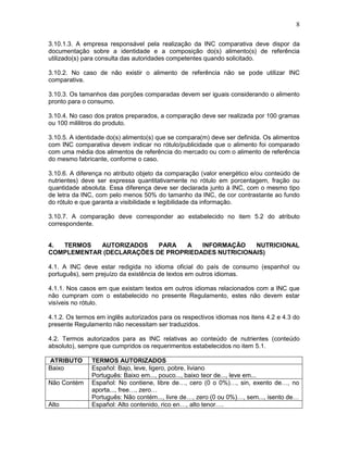 8
3.10.1.3. A empresa responsável pela realização da INC comparativa deve dispor da
documentação sobre a identidade e a composição do(s) alimento(s) de referência
utilizado(s) para consulta das autoridades competentes quando solicitado.
3.10.2. No caso de não existir o alimento de referência não se pode utilizar INC
comparativa.
3.10.3. Os tamanhos das porções comparadas devem ser iguais considerando o alimento
pronto para o consumo.
3.10.4. No caso dos pratos preparados, a comparação deve ser realizada por 100 gramas
ou 100 mililitros do produto.
3.10.5. A identidade do(s) alimento(s) que se compara(m) deve ser definida. Os alimentos
com INC comparativa devem indicar no rótulo/publicidade que o alimento foi comparado
com uma média dos alimentos de referência do mercado ou com o alimento de referência
do mesmo fabricante, conforme o caso.
3.10.6. A diferença no atributo objeto da comparação (valor energético e/ou conteúdo de
nutrientes) deve ser expressa quantitativamente no rótulo em porcentagem, fração ou
quantidade absoluta. Essa diferença deve ser declarada junto à INC, com o mesmo tipo
de letra da INC, com pelo menos 50% do tamanho da INC, de cor contrastante ao fundo
do rótulo e que garanta a visibilidade e legibilidade da informação.
3.10.7. A comparação deve corresponder ao estabelecido no item 5.2 do atributo
correspondente.

4.
TERMOS
AUTORIZADOS
PARA
A
INFORMAÇÃO
NUTRICIONAL
COMPLEMENTAR (DECLARAÇÕES DE PROPRIEDADES NUTRICIONAIS)
4.1. A INC deve estar redigida no idioma oficial do país de consumo (espanhol ou
português), sem prejuízo da existência de textos em outros idiomas.
4.1.1. Nos casos em que existam textos em outros idiomas relacionados com a INC que
não cumpram com o estabelecido no presente Regulamento, estes não devem estar
visíveis no rótulo.
4.1.2. Os termos em inglês autorizados para os respectivos idiomas nos itens 4.2 e 4.3 do
presente Regulamento não necessitam ser traduzidos.
4.2. Termos autorizados para as INC relativas ao conteúdo de nutrientes (conteúdo
absoluto), sempre que cumpridos os requerimentos estabelecidos no item 5.1.
ATRIBUTO
Baixo
Não Contém

Alto

TERMOS AUTORIZADOS
Español: Bajo, leve, ligero, pobre, liviano
Português: Baixo em..., pouco..., baixo teor de..., leve em...
Español: No contiene, libre de…, cero (0 o 0%)…, sin, exento de…, no
aporta..., free…, zero…
Português: Não contém..., livre de…, zero (0 ou 0%)…, sem..., isento de…
Español: Alto contenido, rico en…, alto tenor….

 