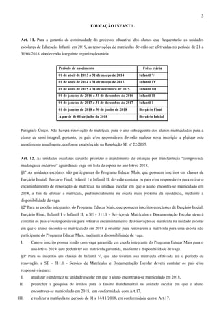 3
EDUCAÇÃO INFANTIL
Art. 11. Para a garantia da continuidade do processo educativo dos alunos que frequentarão as unidades
escolares de Educação Infantil em 2019, as renovações de matrículas deverão ser efetivadas no período de 21 a
31/08/2018, obedecendo à seguinte organização etária:
Período de nascimento Faixa etária
01 de abril de 2013 a 31 de março de 2014 Infantil V
01 de abril de 2014 a 31 de março de 2015 Infantil IV
01 de abril de 2015 a 31 de dezembro de 2015 Infantil III
01 de janeiro de 2016 a 31 de dezembro de 2016 Infantil II
01 de janeiro de 2017 a 31 de dezembro de 2017 Infantil I
01 de janeiro de 2018 a 30 de junho de 2018 Berçário Final
A partir de 01 de julho de 2018 Berçário Inicial
Parágrafo Único. Não haverá renovação de matrícula para o ano subsequente dos alunos matriculados para a
classe de semi-integral, portanto, os pais e/ou responsáveis deverão realizar nova inscrição e pleitear este
atendimento anualmente, conforme estabelecido na Resolução SE nº 22/2015.
Art. 12. As unidades escolares deverão priorizar o atendimento de crianças por transferência “comprovada
mudança de endereço” aguardando vaga em lista de espera no ano letivo 2018.
§1º As unidades escolares não participantes do Programa Educar Mais, que possuem inscritos em classes de
Berçário Inicial, Berçário Final, Infantil I e Infantil II, deverão contatar os pais e/ou responsáveis para retirar o
encaminhamento de renovação de matrícula na unidade escolar em que o aluno encontra-se matriculado em
2018, a fim de efetuar a matrícula, preferencialmente na escola mais próxima da residência, mediante a
disponibilidade de vaga.
§2º Para as escolas integrantes do Programa Educar Mais, que possuem inscritos em classes de Berçário Inicial,
Berçário Final, Infantil I e Infantil II, a SE - 311.1 - Serviço de Matrículas e Documentação Escolar deverá
contatar os pais e/ou responsáveis para retirar o encaminhamento de renovação de matrícula na unidade escolar
em que o aluno encontra-se matriculado em 2018 e orientar para renovarem a matrícula para uma escola não
participante do Programa Educar Mais, mediante a disponibilidade de vaga.
I. Caso o inscrito possua irmão com vaga garantida em escola integrante do Programa Educar Mais para o
ano letivo 2019, este poderá ter sua matrícula garantida, mediante a disponibilidade de vaga.
§3º Para os inscritos em classes de Infantil V, que não tiveram sua matrícula efetivada até o período de
renovação, a SE - 311.1 - Serviço de Matrículas e Documentação Escolar deverá contatar os pais e/ou
responsáveis para:
I. atualizar o endereço na unidade escolar em que o aluno encontrava-se matriculado em 2018,
II. preencher a pesquisa de irmãos para o Ensino Fundamental na unidade escolar em que o aluno
encontrava-se matriculado em 2018, em conformidade com Art.17.
III. e realizar a matrícula no período de 01 a 14/11/2018, em conformidade com o Art.17.
 