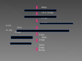 4esp . 12 o 13 esp. 5 esp. 4 esp. 4 cm.  3cm m. izq.  m.der 2 esp. 2esp. 2 esp Texto 2 esp. firmas 