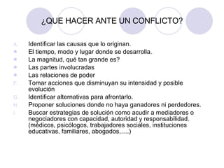 Identificar las causas que lo originan. El tiempo, modo y lugar donde se desarrolla. La magnitud, qué tan grande es? Las partes involucradas Las relaciones de poder Tomar acciones que disminuyan su intensidad y posible evolución Identificar alternativas para afrontarlo. Proponer soluciones donde no haya ganadores ni perdedores. Buscar estrategias de solución como acudir a mediadores o negociadores con capacidad, autoridad y responsabilidad. (médicos, psicólogos, trabajadores sociales, instituciones educativas, familiares, abogados,….) ¿QUE HACER ANTE UN CONFLICTO? 