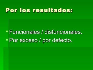 Por los resultados: Funcionales / disfuncionales. Por exceso / por defecto. 