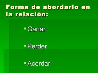 Forma de abordarlo en la relación: Ganar Perder Acordar 