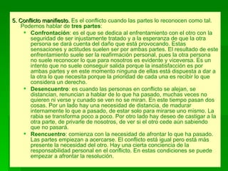 5. Conflicto manifiesto.  Es el conflicto cuando las partes lo reconocen como tal. Podemos hablar de  tres partes : Confrontación : es el que se dedica al enfrentamiento con el otro con la seguridad de ser injustamente tratado y a la esperanza de que la otra persona se dará cuenta del daño que está provocando. Estas sensaciones y actitudes suelen ser por ambas partes. El resultado de este enfrentamiento suele ser la reafirmación personal, pues la otra persona no suele reconocer lo que para nosotros es evidente y viceversa. Es un intento que no suele conseguir salida porque la insatisfacción es por ambas partes y en este momento ninguna de ellas está dispuesta a dar a la otra lo que necesita porque la prioridad de cada una es recibir lo que considera un derecho. Desencuentro : es cuando las personas en conflicto se alejan, se distancian, renuncian a hablar de lo que ha pasado, muchas veces no quieren ni verse y cunado se ven no se miran. En este tiempo pasan dos cosas. Por un lado hay una necesidad de distancia, de madurar internamente lo que a pasado, de estar solo para mirarse uno mismo. La rabia se transforma poco a poco. Por otro lado hay deseo de castigar a la otra parte, de privarle de nosotros, de ver si el otro cede aún sabiendo que no pasará.  Reencuentro : comienza con la necesidad de afrontar lo que ha pasado. Las partes empiezan a acercarse. El conflicto está igual pero está más presente la necesidad del otro. Hay una cierta conciencia de la responsabilidad personal en el conflicto. En estas condiciones se puede empezar a afrontar la resolución. 