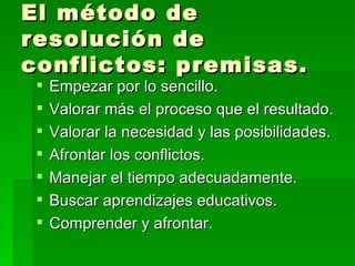 El método de resolución de conflictos: premisas. Empezar por lo sencillo. Valorar más el proceso que el resultado. Valorar la necesidad y las posibilidades. Afrontar los conflictos. Manejar el tiempo adecuadamente. Buscar aprendizajes educativos. Comprender y afrontar. 