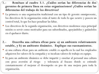 1.- Remítase al cuadro 3.1. ¿Cuáles serían las diferencias de dos gerentes de primera línea en estas organizaciones? ¿Cuáles serían las diferencias del trabajo de los directivos? La primera es una organización tradicional con un tipo de gerente omnipresente, los directivos de la organización están al tanto de todo lo que ocurre y poseen un control total, lo que los hace penalizar las faltas. Los directivos de la segunda organización, son directivos modernos cuya principal misión es servir como motivador para sus subordinados, apoyándolos y guiándolos en el quehacer diario.    2.- Describa una cultura eficaz para: a) un ambiente relativamente estable, y b) un ambiente dinámico.  Explique sus razonamientos. a) una cultura eficaz para un ambiente estable es aquella en la cual los empleados adquieren los valores de la compañía y se inculcan valores de trabajo en equipo. b) para un ambiente dinámico se debe impartir y enseñar al personal una cultura con poca aversión al riesgo  y tolerancia al fracaso donde se estimule constantemente el mejorar el desempeño en pos de una mejora para toda la organización. 