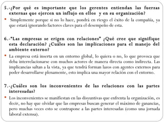 5.-¿Por qué es importante que los gerentes entiendan las fuerzas externas que ejercen un influjo en ellos  y en su organización?   Simplemente porque si no lo hace, pondrá en riesgo el éxito de la compañía, ya que estará ignorando factores claves para el desempeño de esta. 6.-“Las empresas se erigen con relaciones” ¿Qué cree que signifique esta declaración? ¿Cuáles son las implicaciones para el manejo del ambiente externo? La empresa está inserta en un entorno global, lo quiera o no, lo que provoca que deba interrelacionarse con muchos actores de manera directa como indirecta. Las implicancias saltan a la vista, ya que tendrá forman lazos con agentes externos para poder desarrollarse plenamente, esto implica una mayor relación con el entorno. 7.-¿Cuáles son los inconvenientes de las relaciones con las partes interesadas? Los inconvenientes se manifiestan en las disyuntivas que enfrenta la organización, es decir, no hay que olvidar que las empresas buscan generar el máximo de ganancias, pero muchas veces esto se contrapone a las partes interesadas (como una jornada laboral extensa). 