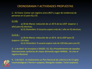 CRONOGRAMA Y ACTIVIDADES PROPUESTAS 1.- 31 Enero: Contar con registro único (RUT y Lugar de residencia) de personas en LE para IQ y CE. 2.1 IQ: a) 30 de Marzo: reducción de un 20 % de las LEEP  (espera> 1 año) para IQ electivas. b) 31 Diciembre: 0 Usuarios espera más de 1 año en IQ electivas. 2.2 C:E :  a) 30 de Marzo: reducción de un 20 %  de la LEEP para CE (espera> 120 días) b) 31 Diciembre: 0 usuario espera más de 120 días para una CE. 3.- 1 de Abril: Se incorpora a SIGGES  CE, IQ y Procedimientos de aquellas intervenciones sanitarias de mayor demanda según MINSAL . Se crea el registro Nacional 4.- 1 de Abril:  se implementa un Plan Nacional de cobertura de Cirugías traumatológicas ( Hernia n pulposo, Manguito rotador, Tunel carpiano) 