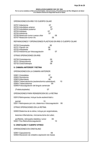 Hoja 28 de 28
RESOLUCION NUMERO 5261 DE 1994
Por la cual se establece el Manual de Actividades, Intervenciones y Procedimientos del Plan Obligatorio de Salud
en el Sistema General de Seguridad Social en Salud.
OPERACIONES EN IRIS Y/O CUERPO CILIAR
02701 Iridectomía 07
02702 Iridodiálisis anterior 07
02703 Iridodiálisis posterior 07
02704 Iridotasis 07
02705 Iridotomía 07
02706 Resección tumor cuerpo ciliar 08
02707 Resección tumor iris 08
REPARACIONES Y OPERACIONES PLASTICAS EN IRIS O CUERPO CILIAR
02720 Coreoplastia 06
02721 Fijación iris 06
02722 Iridoplastia 06
02723 Iridotomía por fotocoagulación 07
OTRAS OPERACIONES EN IRIS
02730 Ciclodiatermia 09
02731 Sinequiotomía 06
02732 Ciclocrioterapia 08
8. CAMARA ANTERIOR Y RETINA
OPERACIONES EN LA CAMARA ANTERIOR
02801 Ciclodiálisis 07
02802 Goniotomía 09
02803 Iridencleisis 08
02804 Trabeculectomía (esclerectomía subescleral) 10
02805 Trabeculotomía 09
02806 Fotocoagulación del ángulo camerular
(Trabéculoplastia) 07
OPERACIONES PARA REINSERCION DE LA RETINA
02810 Retinopexias; incluye bucle escleral total o
parcial 10
02811 Retinopexia por crío, diatermia o fotocoagulación 08
OTRAS OPERACIONES EN LA RETINA
02820 Diatermia de la retina; incluye por angiomatosis,
lesiones inflamatorias, microaneurisma de Leber,
periflebitis, retinopatía diabética, tumor 08
02821 Pan-Retinofotocoagulación 10
9. CRISTALINO Y CUERPO VITREO
OPERACIONES EN CRISTALINO
02901 Capsulotomía 08
02902 Discisición de cristalino aspiración de masas
 