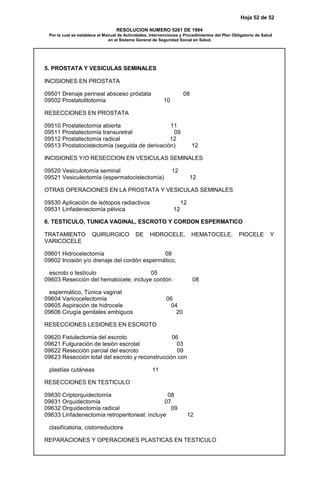 Hoja 52 de 52
RESOLUCION NUMERO 5261 DE 1994
Por la cual se establece el Manual de Actividades, Intervenciones y Procedimientos del Plan Obligatorio de Salud
en el Sistema General de Seguridad Social en Salud.
5. PROSTATA Y VESICULAS SEMINALES
INCISIONES EN PROSTATA
09501 Drenaje perineal absceso próstata 08
09502 Prostatolitotomía 10
RESECCIONES EN PROSTATA
09510 Prostatectomía abierta 11
09511 Prostatectomía transuretral 09
09512 Prostatectomía radical 12
09513 Prostatocistectomía (seguida de derivación) 12
INCISIONES Y/O RESECCION EN VESICULAS SEMINALES
09520 Vesiculotomía seminal 12
09521 Vesiculectomía (espermatocistectomía) 12
OTRAS OPERACIONES EN LA PROSTATA Y VESICULAS SEMINALES
09530 Aplicación de isótopos radiactivos 12
09531 Linfadenectomía pélvica 12
6. TESTICULO, TUNICA VAGINAL, ESCROTO Y CORDON ESPERMATICO
TRATAMIENTO QUIRURGICO DE HIDROCELE, HEMATOCELE, PIOCELE Y
VARICOCELE
09601 Hidrocelectomía 08
09602 Incisión y/o drenaje del cordón espermático,
escroto o testículo 05
09603 Resección del hematocele; incluye cordón 08
espermático, Túnica vaginal
09604 Varicocelectomía 06
09605 Aspiración de hidrocele 04
09606 Cirugía genitales ambiguos 20
RESECCIONES LESIONES EN ESCROTO
09620 Fistulectomía del escroto 06
09621 Fulguración de lesión escrotal 03
09622 Resección parcial del escroto 09
09623 Resección total del escroto y reconstrucción con
plastías cutáneas 11
RESECCIONES EN TESTICULO
09630 Criptorquidectomía 08
09631 Orquidectomía 07
09632 Orquideotomía radical 09
09633 Linfadenectomía retroperitoneal; incluye 12
clasificatoria, cistorreductora
REPARACIONES Y OPERACIONES PLASTICAS EN TESTICULO
 