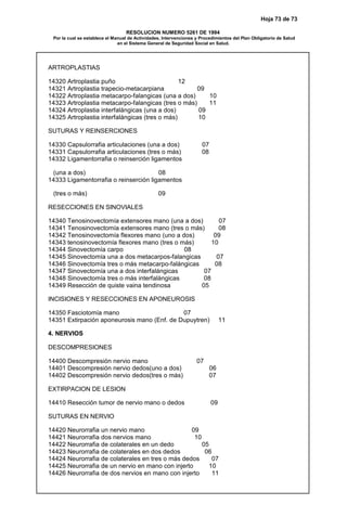 Hoja 73 de 73
RESOLUCION NUMERO 5261 DE 1994
Por la cual se establece el Manual de Actividades, Intervenciones y Procedimientos del Plan Obligatorio de Salud
en el Sistema General de Seguridad Social en Salud.
ARTROPLASTIAS
14320 Artroplastia puño 12
14321 Artroplastia trapecio-metacarpiana 09
14322 Artroplastia metacarpo-falangicas (una a dos) 10
14323 Artroplastia metacarpo-falangicas (tres o más) 11
14324 Artroplastia interfalángicas (una a dos) 09
14325 Artroplastia interfalángicas (tres o más) 10
SUTURAS Y REINSERCIONES
14330 Capsulorrafia articulaciones (una a dos) 07
14331 Capsulorrafia articulaciones (tres o más) 08
14332 Ligamentorrafia o reinserción ligamentos
(una a dos) 08
14333 Ligamentorrafia o reinserción ligamentos
(tres o más) 09
RESECCIONES EN SINOVIALES
14340 Tenosinovectomía extensores mano (una a dos) 07
14341 Tenosinovectomía extensores mano (tres o más) 08
14342 Tenosinovectomía flexores mano (uno a dos) 09
14343 tenosinovectomía flexores mano (tres o más) 10
14344 Sinovectomía carpo 08
14345 Sinovectomía una a dos metacarpos-falangicas 07
14346 Sinovectomía tres o más metacarpo-falángicas 08
14347 Sinovectomía una a dos interfalángicas 07
14348 Sinovectomía tres o más interfalángicas 08
14349 Resección de quiste vaina tendinosa 05
INCISIONES Y RESECCIONES EN APONEUROSIS
14350 Fasciotomía mano 07
14351 Extirpación aponeurosis mano (Enf. de Dupuytren) 11
4. NERVIOS
DESCOMPRESIONES
14400 Descompresión nervio mano 07
14401 Descompresión nervio dedos(uno a dos) 06
14402 Descompresión nervio dedos(tres o más) 07
EXTIRPACION DE LESION
14410 Resección tumor de nervio mano o dedos 09
SUTURAS EN NERVIO
14420 Neurorrafia un nervio mano 09
14421 Neurorrafia dos nervios mano 10
14422 Neurorrafia de colaterales en un dedo 05
14423 Neurorrafia de colaterales en dos dedos 06
14424 Neurorrafia de colaterales en tres o más dedos 07
14425 Neurorrafia de un nervio en mano con injerto 10
14426 Neurorrafia de dos nervios en mano con injerto 11
 