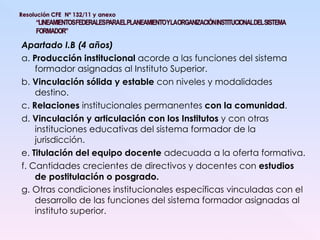 Apartado I.B (4 años) a.  Producción institucional  acorde a las funciones del sistema formador asignadas al Instituto Superior. b.  Vinculación sólida y estable  con niveles y modalidades destino. c.  Relaciones  institucionales permanentes  con la comunidad . d.  Vinculación y articulación con los Institutos  y con otras instituciones educativas del sistema formador de la jurisdicción. e.  Titulación del equipo docente  adecuada a la oferta formativa. f. Cantidades crecientes de directivos y docentes con  estudios de postitulación o posgrado. g. Otras condiciones institucionales específicas vinculadas con el desarrollo de las funciones del sistema formador asignadas al instituto superior. 
