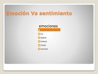 Emoción Vs sentimiento
emociones
ira
alegría
tristeza
miedo
sorpresa
 