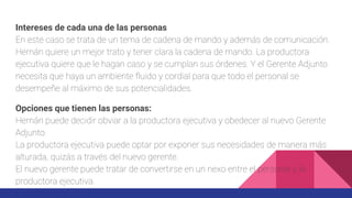 Intereses de cada una de las personas
En este caso se trata de un tema de cadena de mando y además de comunicación.
Hernán quiere un mejor trato y tener clara la cadena de mando. La productora
ejecutiva quiere que le hagan caso y se cumplan sus órdenes. Y el Gerente Adjunto
necesita que haya un ambiente fluido y cordial para que todo el personal se
desempeñe al máximo de sus potencialidades.
Opciones que tienen las personas:
Hernán puede decidir obviar a la productora ejecutiva y obedecer al nuevo Gerente
Adjunto.
La productora ejecutiva puede optar por exponer sus necesidades de manera más
alturada, quizás a través del nuevo gerente.
El nuevo gerente puede tratar de convertirse en un nexo entre el personal y la
productora ejecutiva.
 