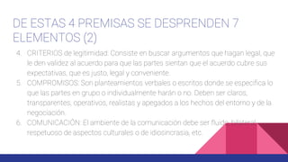 DE ESTAS 4 PREMISAS SE DESPRENDEN 7
ELEMENTOS (2)
4. CRITERIOS de legitimidad: Consiste en buscar argumentos que hagan legal, que
le den validez al acuerdo para que las partes sientan que el acuerdo cubre sus
expectativas, que es justo, legal y conveniente.
5. COMPROMISOS: Son planteamientos verbales o escritos donde se especifica lo
que las partes en grupo o individualmente harán o no. Deben ser claros,
transparentes, operativos, realistas y apegados a los hechos del entorno y de la
negociación.
6. COMUNICACIÓN: El ambiente de la comunicación debe ser fluido, bilateral,
respetuoso de aspectos culturales o de idiosincrasia, etc.
 