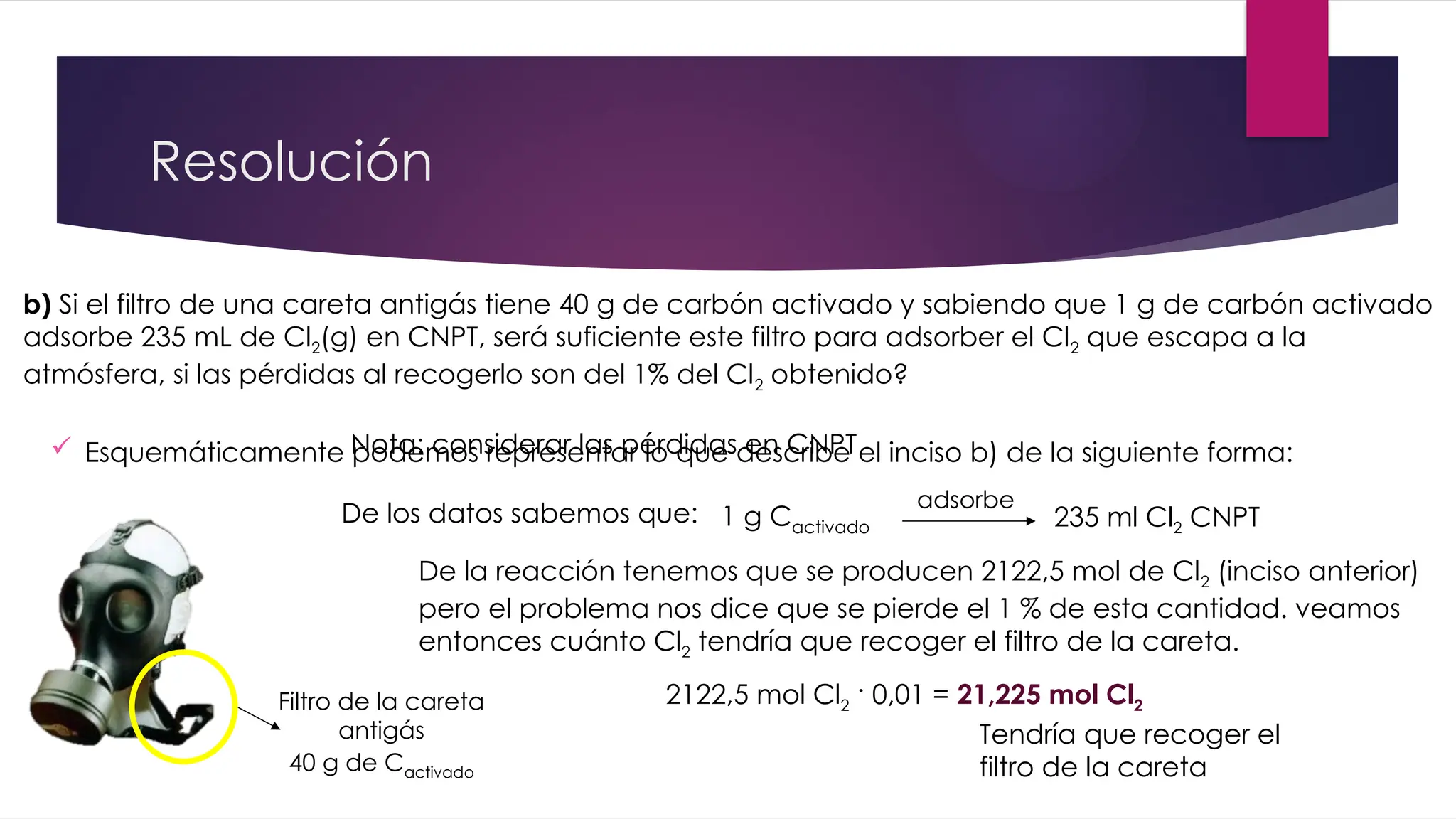 Resolución
b) Si el filtro de una careta antigás tiene 40 g de carbón activado y sabiendo que 1 g de carbón activado
adsorbe 235 mL de Cl2(g) en CNPT, será suficiente este filtro para adsorber el Cl2 que escapa a la
atmósfera, si las pérdidas al recogerlo son del 1% del Cl2 obtenido?
Nota: considerar las pérdidas en CNPT
 Esquemáticamente podemos representar lo que describe el inciso b) de la siguiente forma:
Filtro de la careta
antigás
40 g de Cactivado
De los datos sabemos que: 1 g Cactivado
adsorbe
235 ml Cl2 CNPT
De la reacción tenemos que se producen 2122,5 mol de Cl2 (inciso anterior)
pero el problema nos dice que se pierde el 1 % de esta cantidad. veamos
entonces cuánto Cl2 tendría que recoger el filtro de la careta.
2122,5 mol Cl2 · 0,01 = 21,225 mol Cl2
Tendría que recoger el
filtro de la careta
 