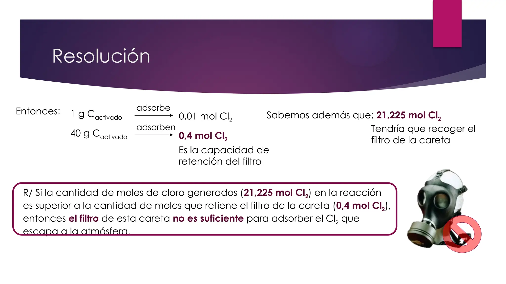 Resolución
1 g Cactivado
adsorbe
0,01 mol Cl2
Entonces:
40 g Cactivado
adsorben
0,4 mol Cl2
Es la capacidad de
retención del filtro
Sabemos además que: 21,225 mol Cl2
Tendría que recoger el
filtro de la careta
R/ Si la cantidad de moles de cloro generados (21,225 mol Cl2) en la reacción
es superior a la cantidad de moles que retiene el filtro de la careta (0,4 mol Cl2),
entonces el filtro de esta careta no es suficiente para adsorber el Cl2 que
escapa a la atmósfera.
 