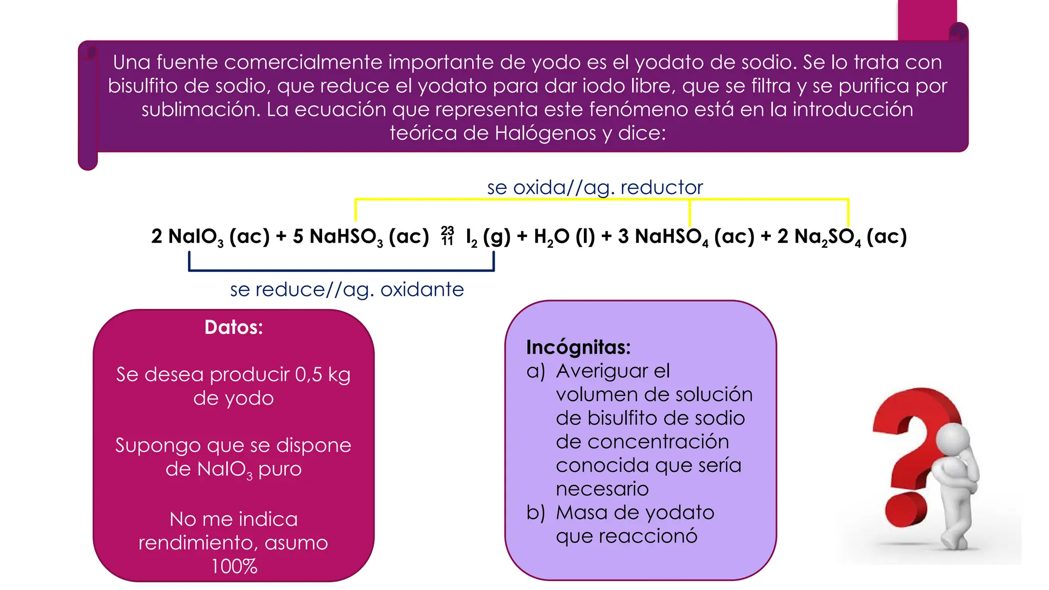 Una fuente comercialmente importante de yodo es el yodato de sodio. Se lo trata con
bisulfito de sodio, que reduce el yodato para dar iodo libre, que se filtra y se purifica por
sublimación. La ecuación que representa este fenómeno está en la introducción
teórica de Halógenos y dice:
2 NaIO3 (ac) + 5 NaHSO3 (ac)  I2 (g) + H2O (l) + 3 NaHSO4 (ac) + 2 Na2SO4 (ac)
Datos:
Se desea producir 0,5 kg
de yodo
Supongo que se dispone
de NaIO3 puro
No me indica
rendimiento, asumo
100%
Incógnitas:
a) Averiguar el
volumen de solución
de bisulfito de sodio
de concentración
conocida que sería
necesario
b) Masa de yodato
que reaccionó
se reduce//ag. oxidante
se oxida//ag. reductor
 