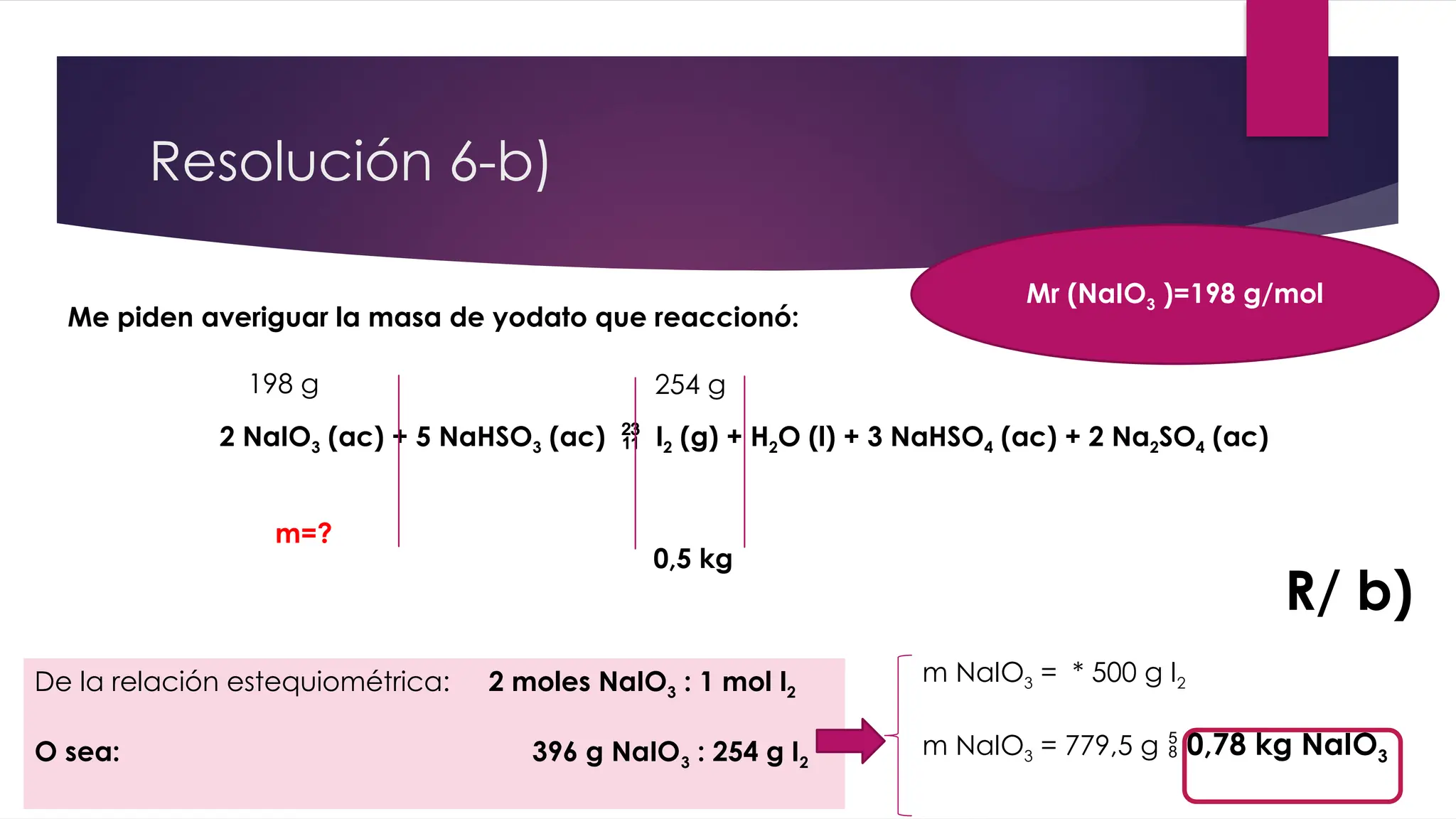 Resolución 6-b)
2 NaIO3 (ac) + 5 NaHSO3 (ac)  I2 (g) + H2O (l) + 3 NaHSO4 (ac) + 2 Na2SO4 (ac)
m=?
0,5 kg
198 g 254 g
Me piden averiguar la masa de yodato que reaccionó:
Mr (NaIO3 )=198 g/mol
De la relación estequiométrica: 2 moles NaIO3 : 1 mol I2
O sea: 396 g NaIO3 : 254 g I2
m NaIO3 = * 500 g I2
m NaIO3 = 779,5 g  0,78 kg NaIO3
R/ b)
 
